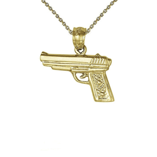 925 Sterling Silver Yellow Gold Plated 1mm Cable Chain Necklace w/ Handgun Revolver Pistol Gun Pendant Charm
