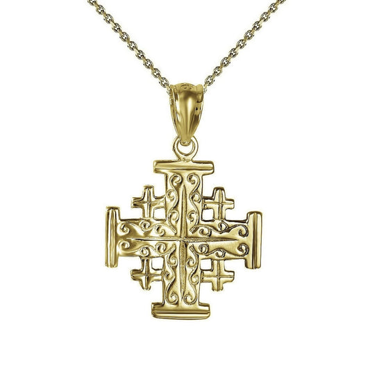 925 Sterling Silver Yellow Gold Plated 1mm Cable Chain Necklace w/ Jerusalem Cross Pendant Charm
