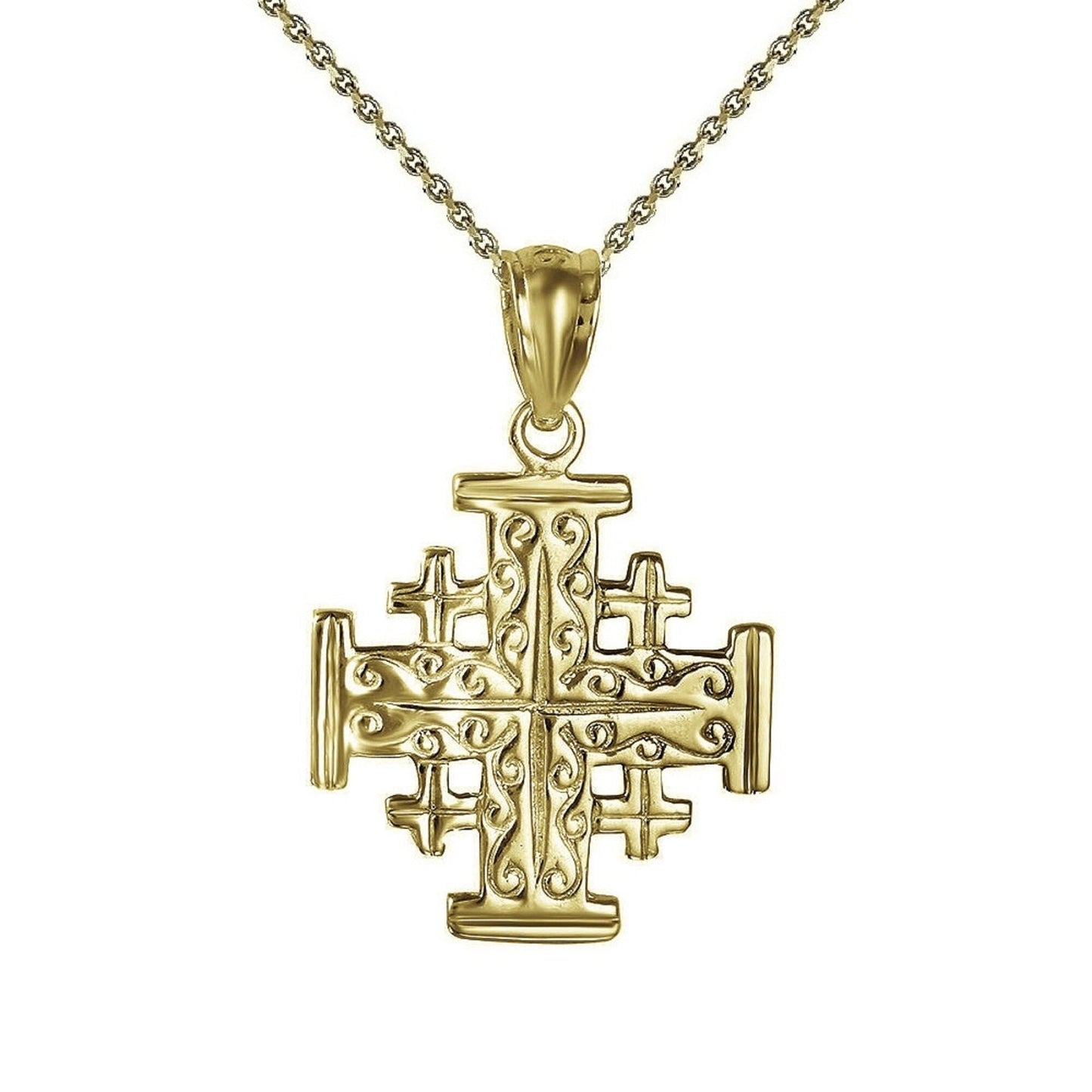 925 Sterling Silver Yellow Gold Plated 1mm Cable Chain Necklace w/ Jerusalem Cross Pendant Charm