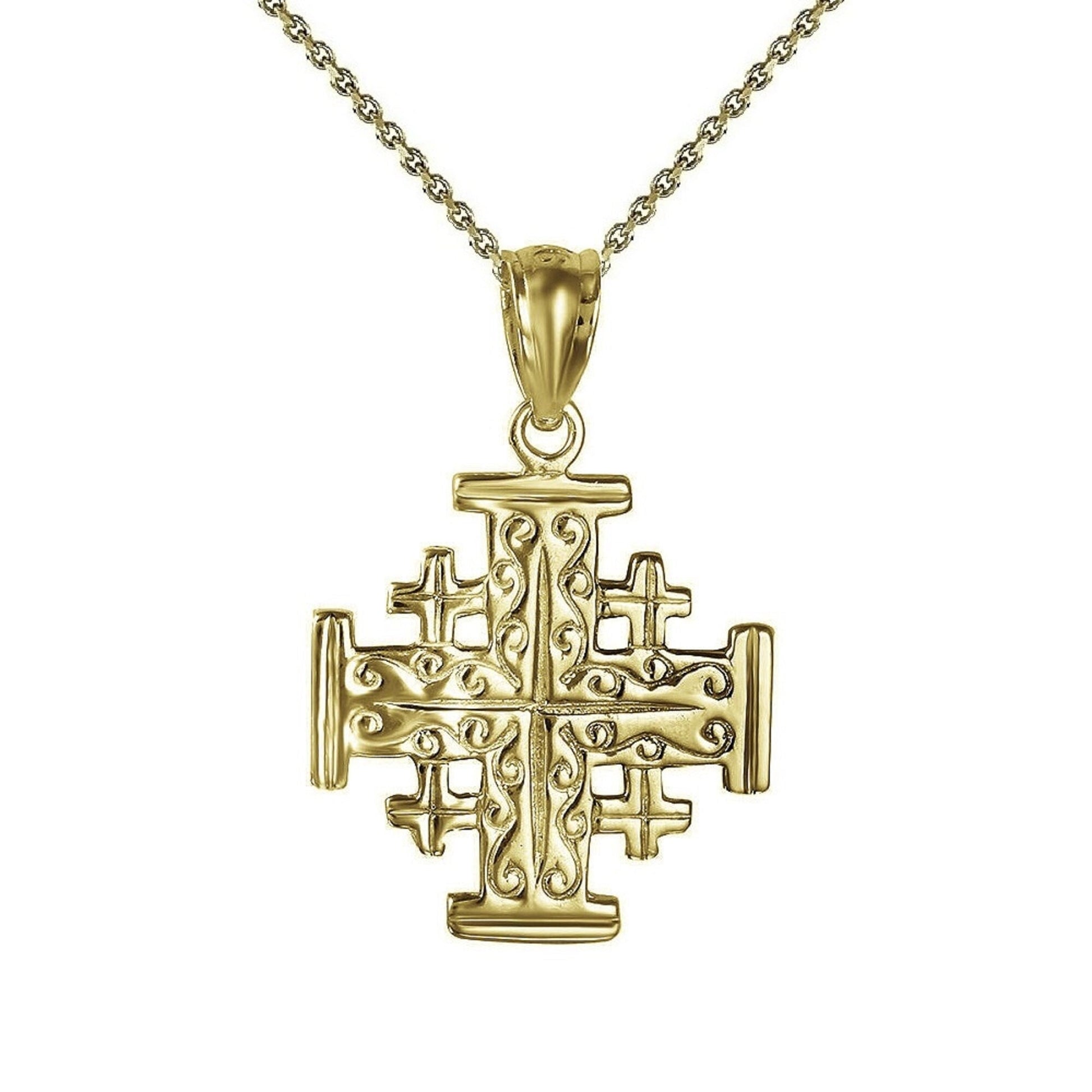 925 Sterling Silver Yellow Gold Plated 1mm Cable Chain Necklace w/ Jerusalem Cross Pendant Charm