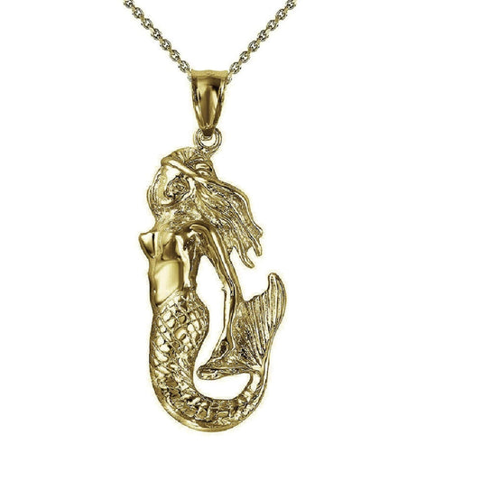 925 Sterling Silver Yellow Gold Plated 1mm Cable Chain Necklace w/ Mermaid Pendant