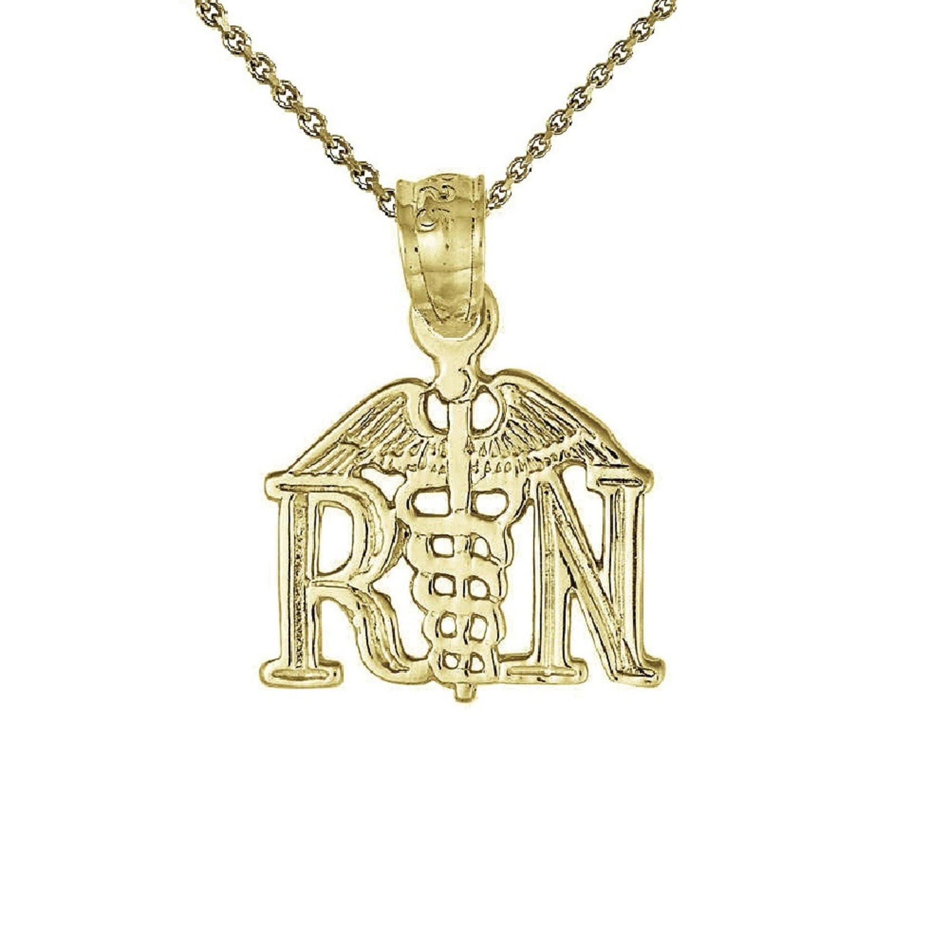 925 Sterling Silver Yellow Gold Plated 1mm Cable Chain Necklace w/ RN (Registered Nurse) Pendant Charm