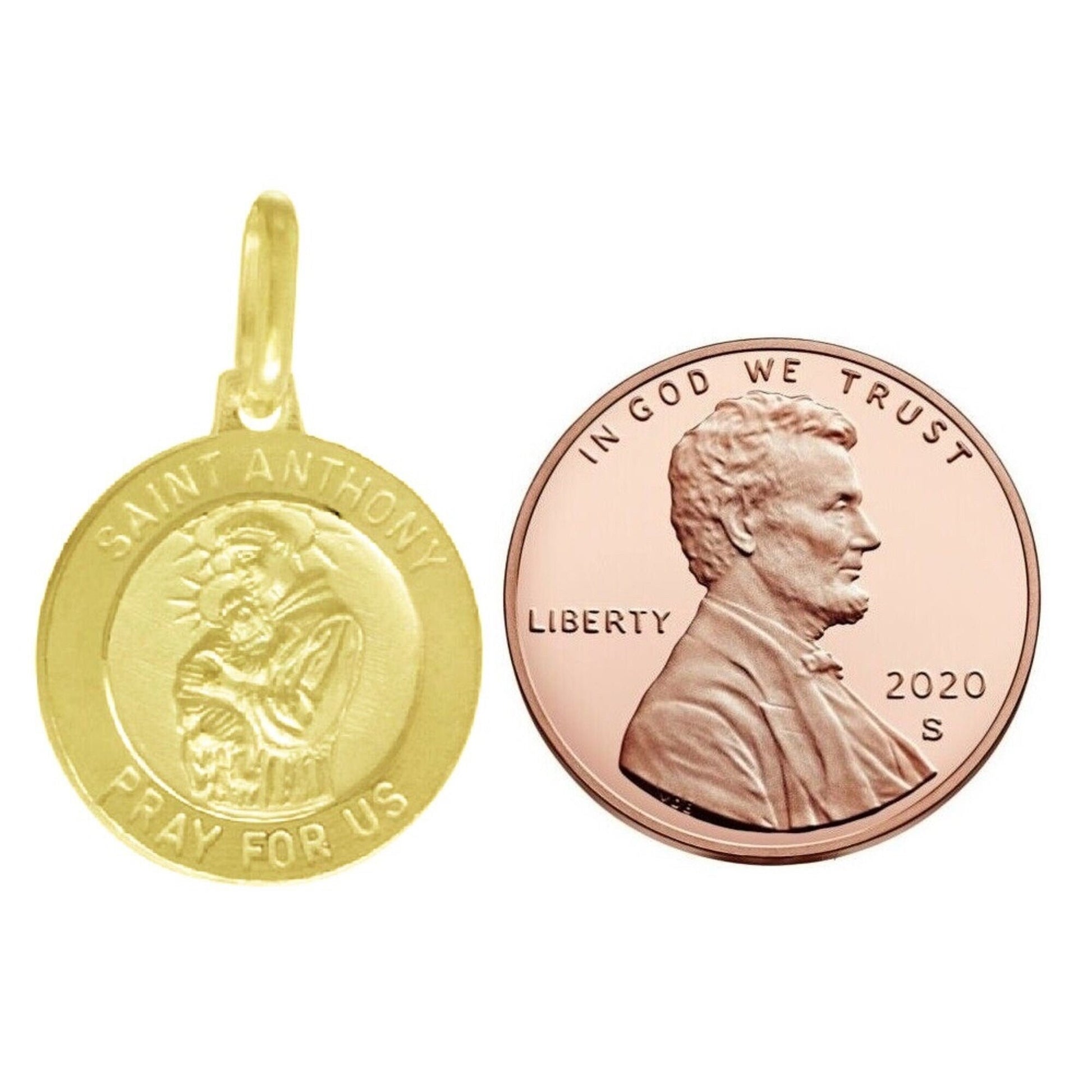 925 Sterling Silver Yellow Gold Plated 1mm Cable Chain Necklace w/ Saint Anthony Pray For Us Pendant Charm