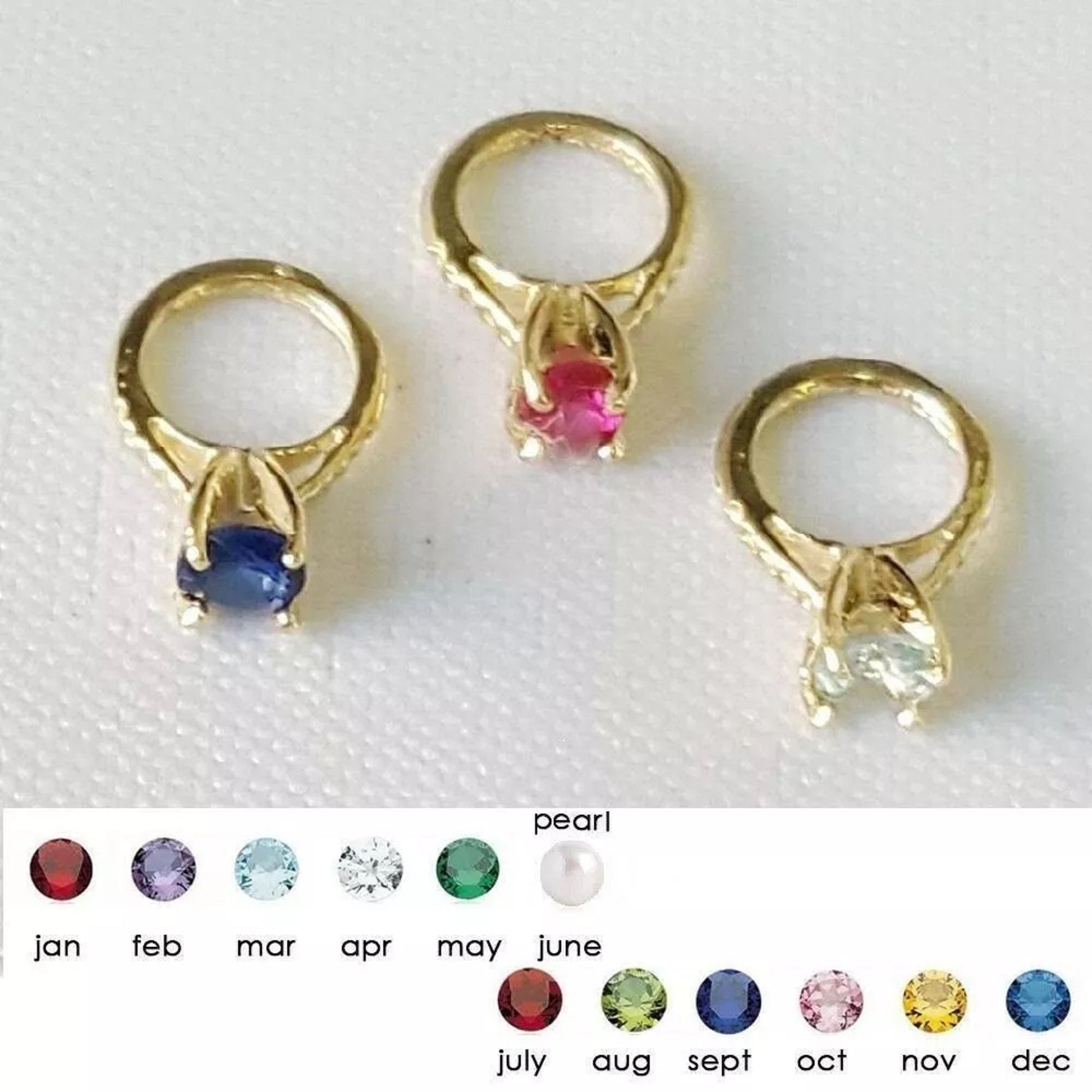 Real 14K Yellow Gold Small Ring Charm Pendant w/ Pearl or Birthstone Colored Cubic Zirconia Stone
