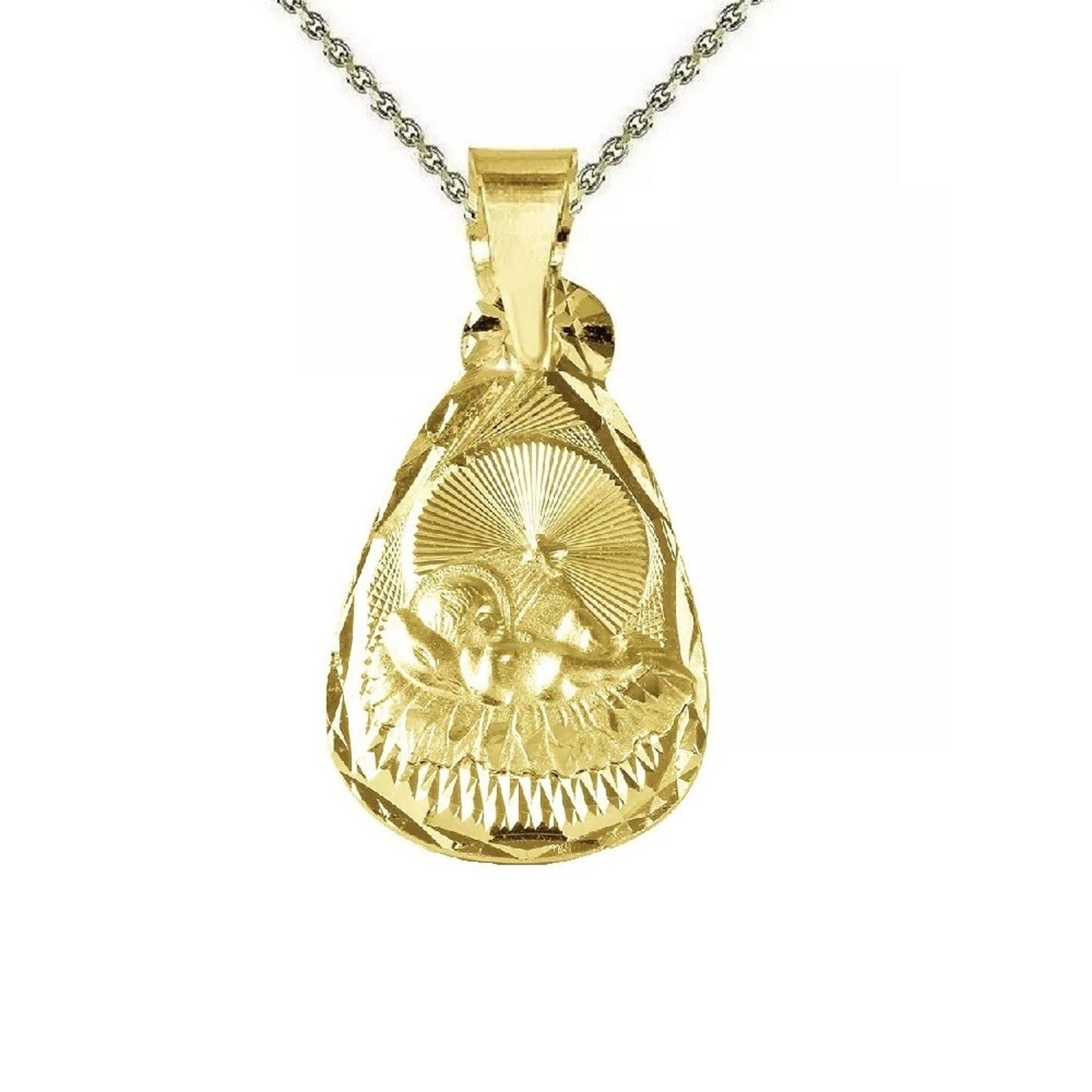 925 Sterling Silver Yellow Gold Plated 1mm Cable Chain Necklace w/ Baptism Teardrop Shape Pendant Charm