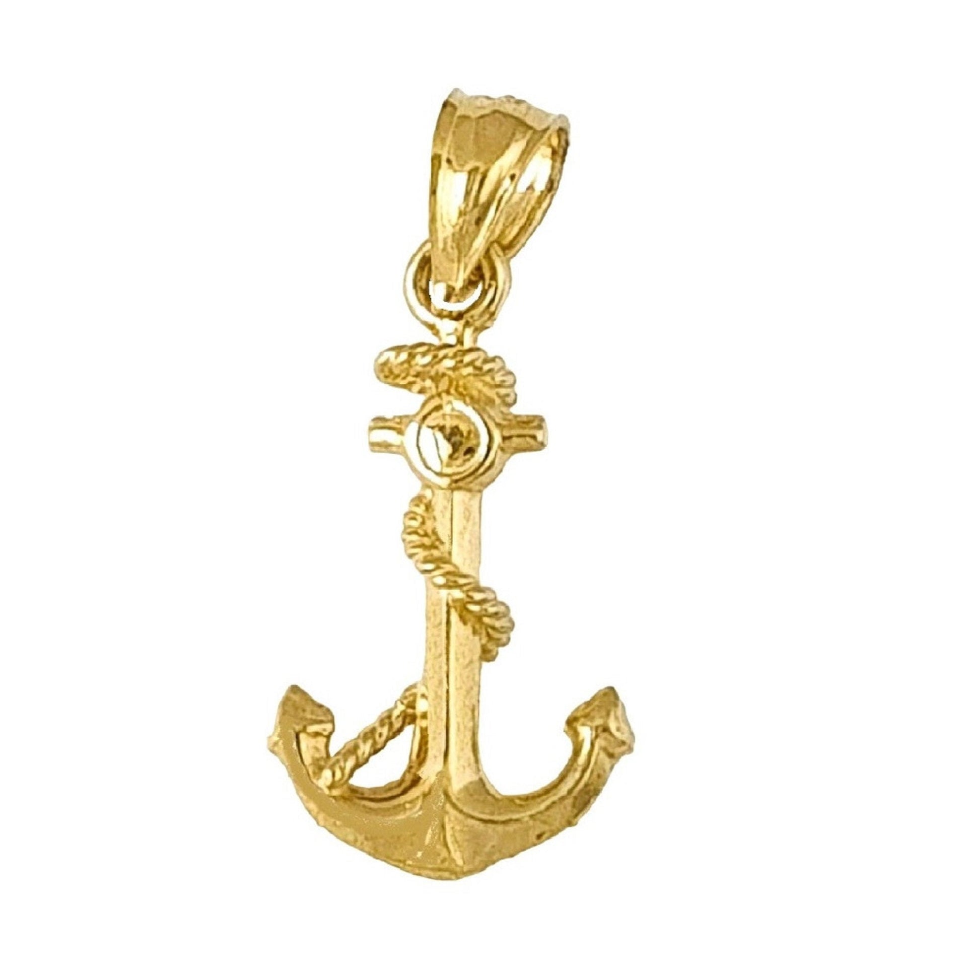 14K Yellow Gold Anchor with Rope 3D Solid Pendant