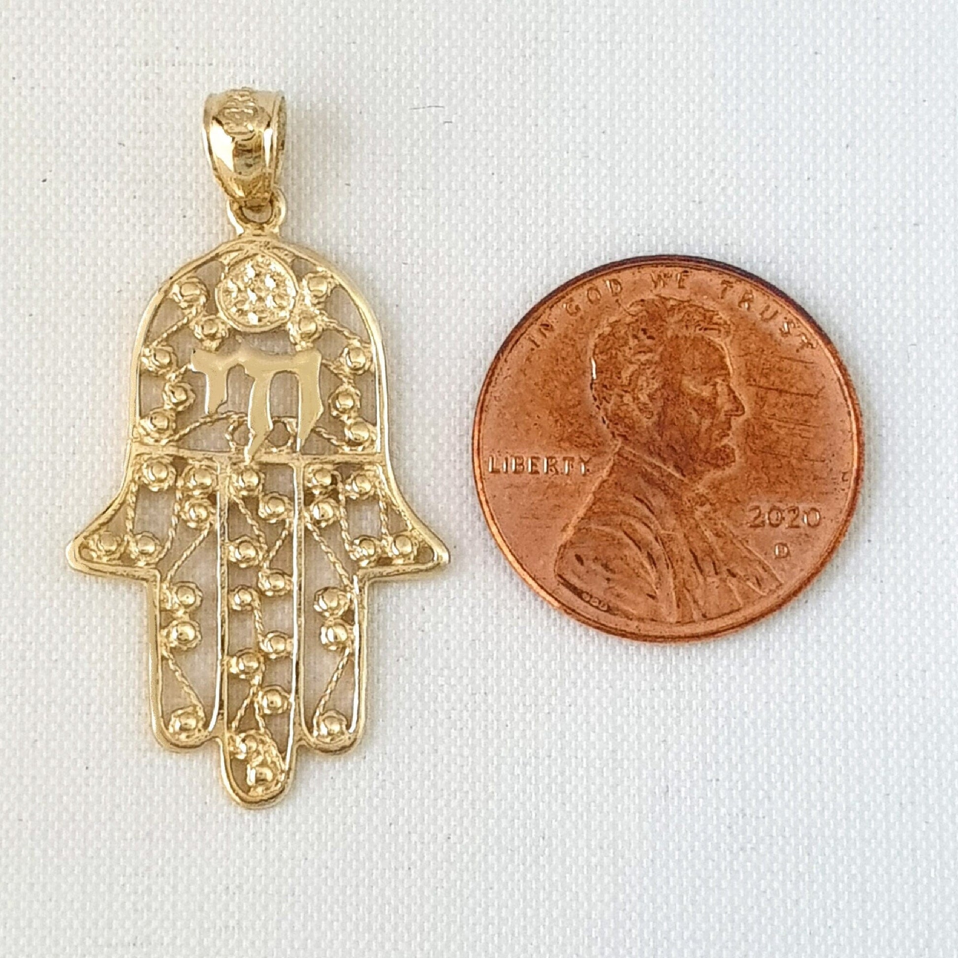 14K Yellow Gold Hamsa Hand with Chai Pendant
