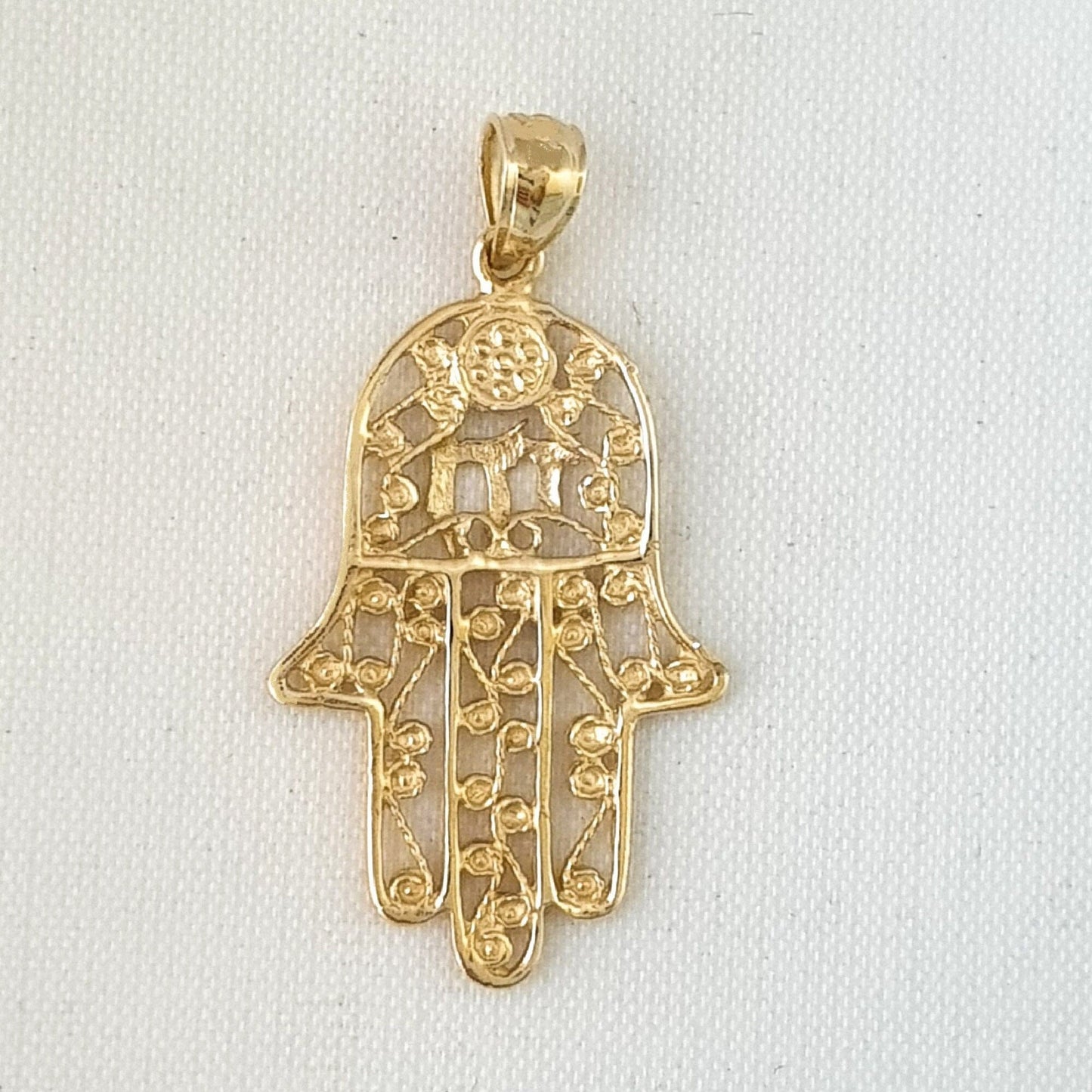 14K Yellow Gold Hamsa Hand with Chai Pendant