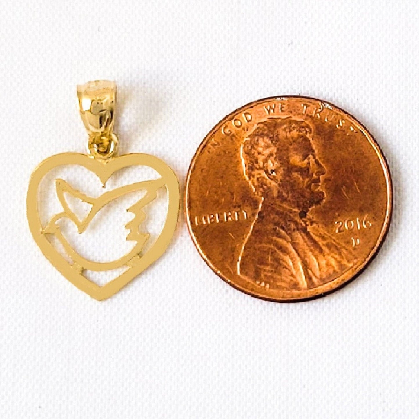 14k Yellow Gold Heart with Dove Bird Pendant