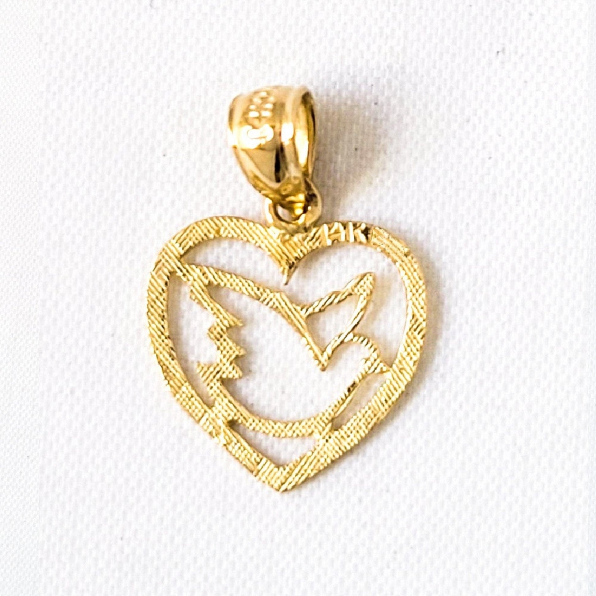 14k Yellow Gold Heart with Dove Bird Pendant