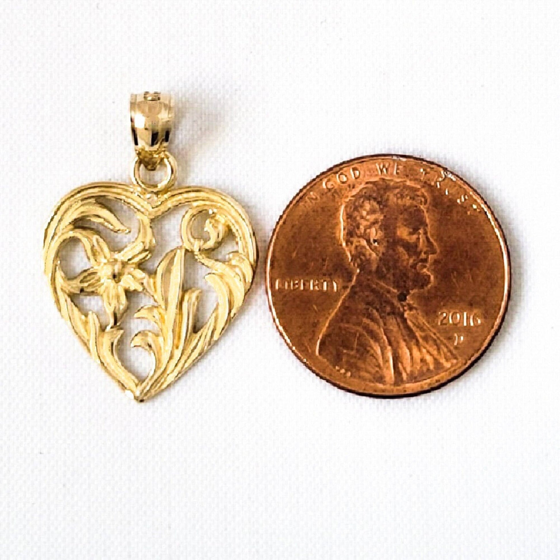 14k Yellow Gold Heart with Rose Pendant
