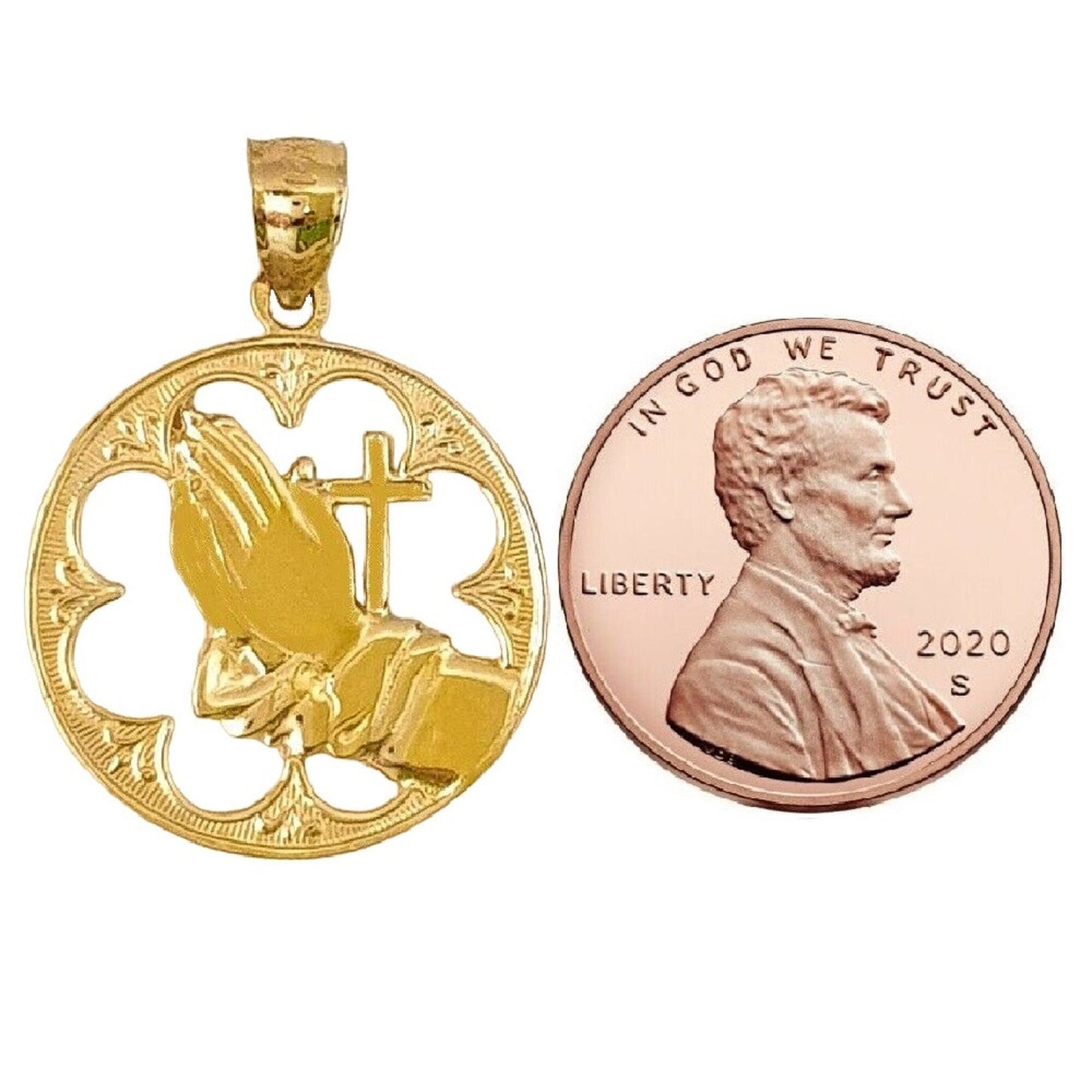 14K Yellow Gold Praying Hands with Cross Pendant