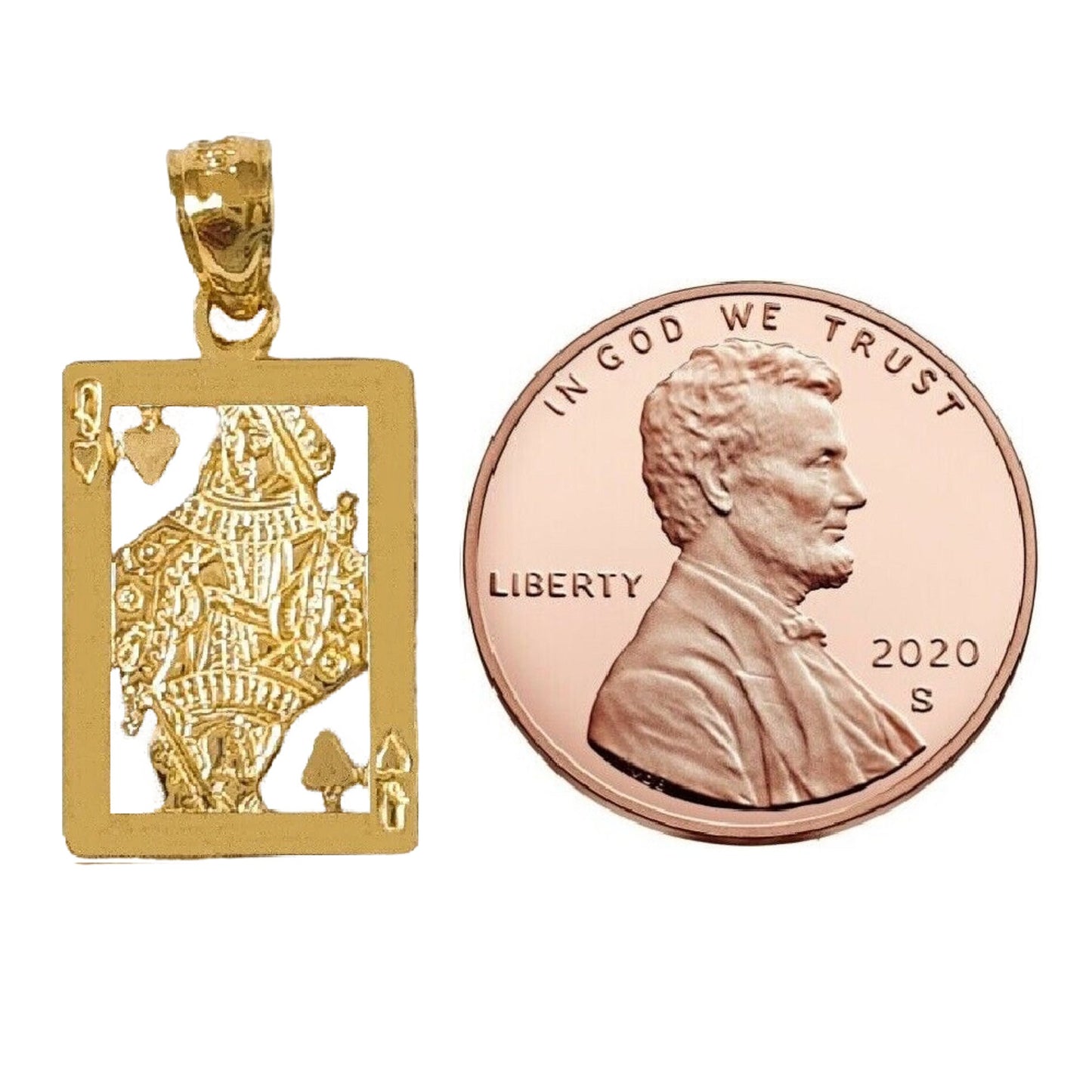 14K Yellow Gold Queen of Hearts Playing Card Pendant