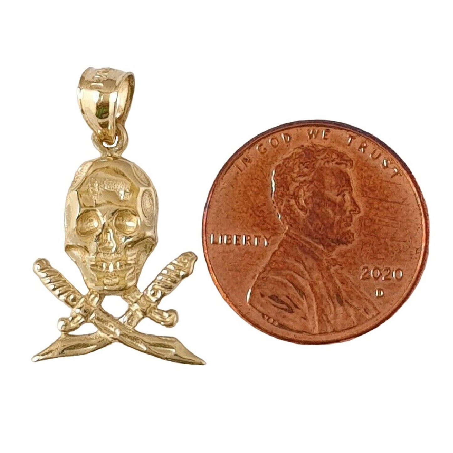 14K Yellow Gold Skull with Swords Pendant