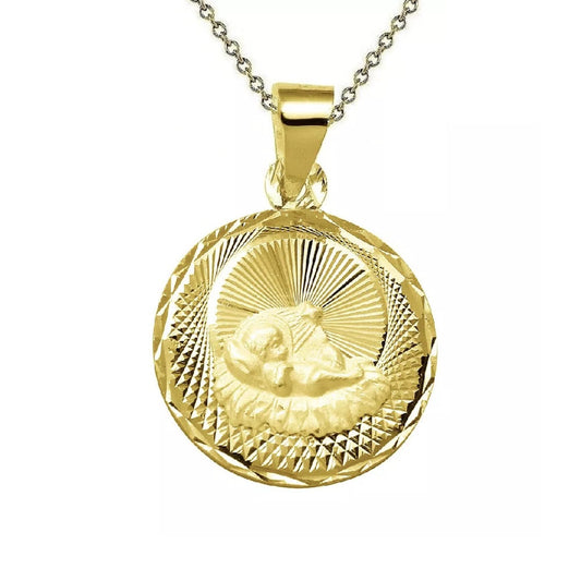 925 Sterling Silver Yellow Gold Plated 1mm Cable Chain Necklace w/ Baptism Round Shape Pendant Charm