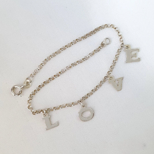 925 Sterling Silver Dangling LOVE Link Chain Anklet Bracelet