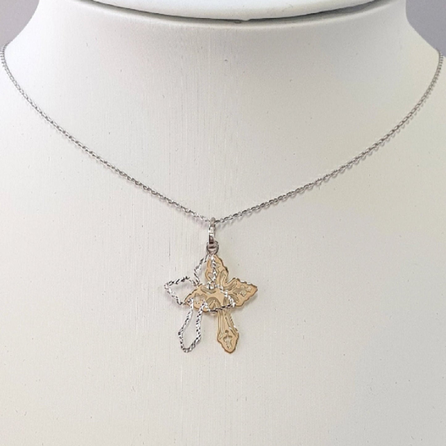 925 Sterling Silver Necklace w/ 2-Tone 2-Pieces Cross Pendant
