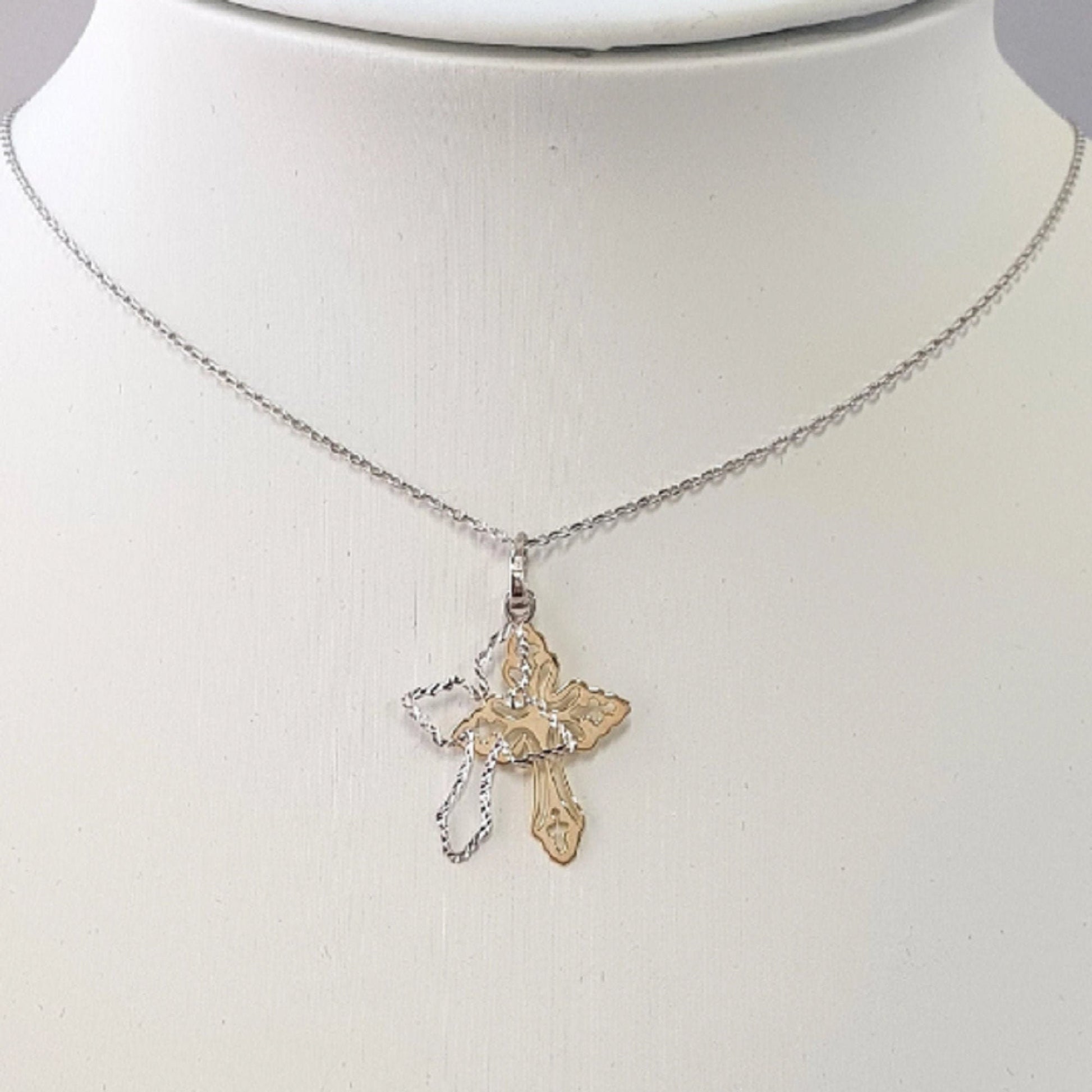 925 Sterling Silver Necklace w/ 2-Tone 2-Pieces Cross Pendant
