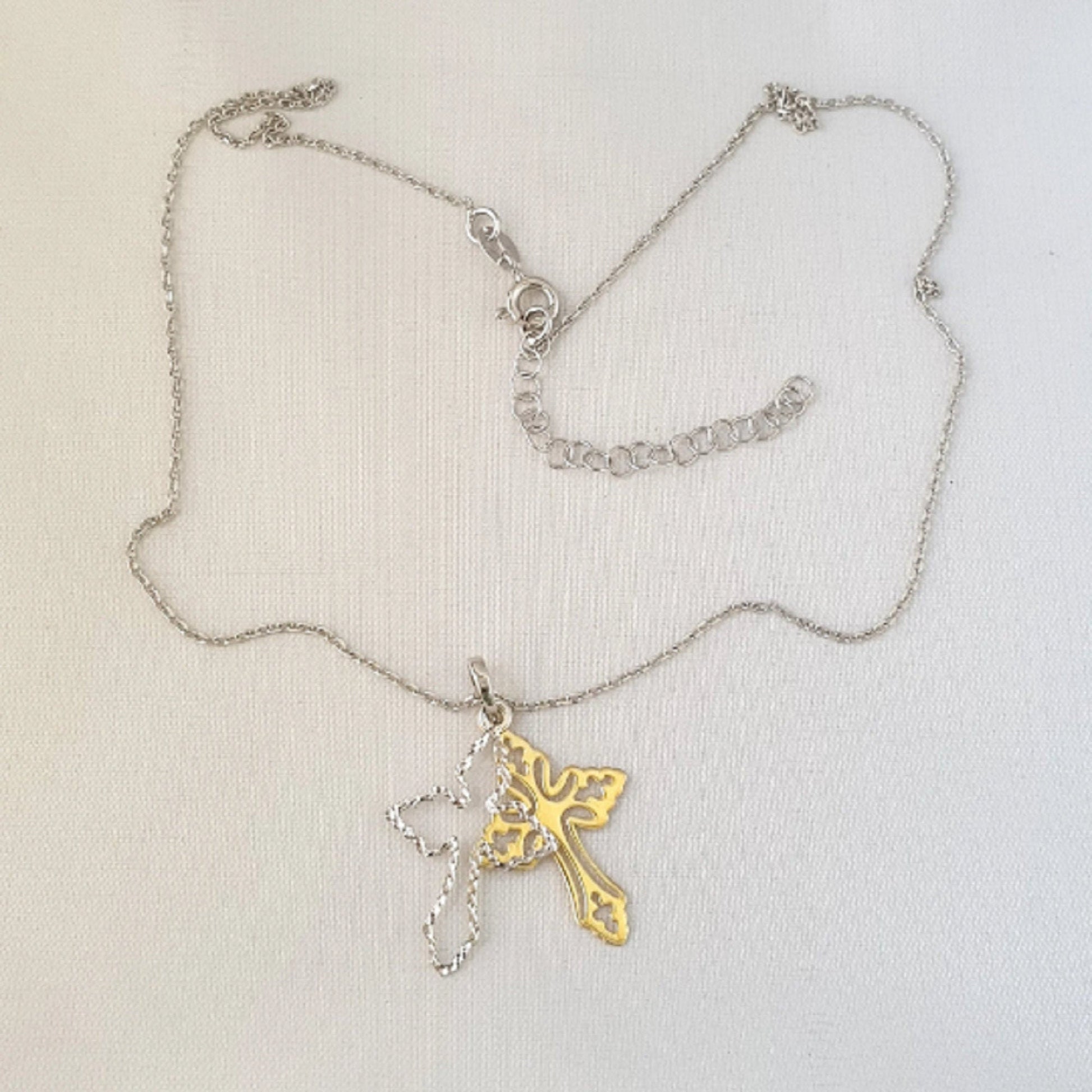 925 Sterling Silver Necklace w/ 2-Tone 2-Pieces Cross Pendant