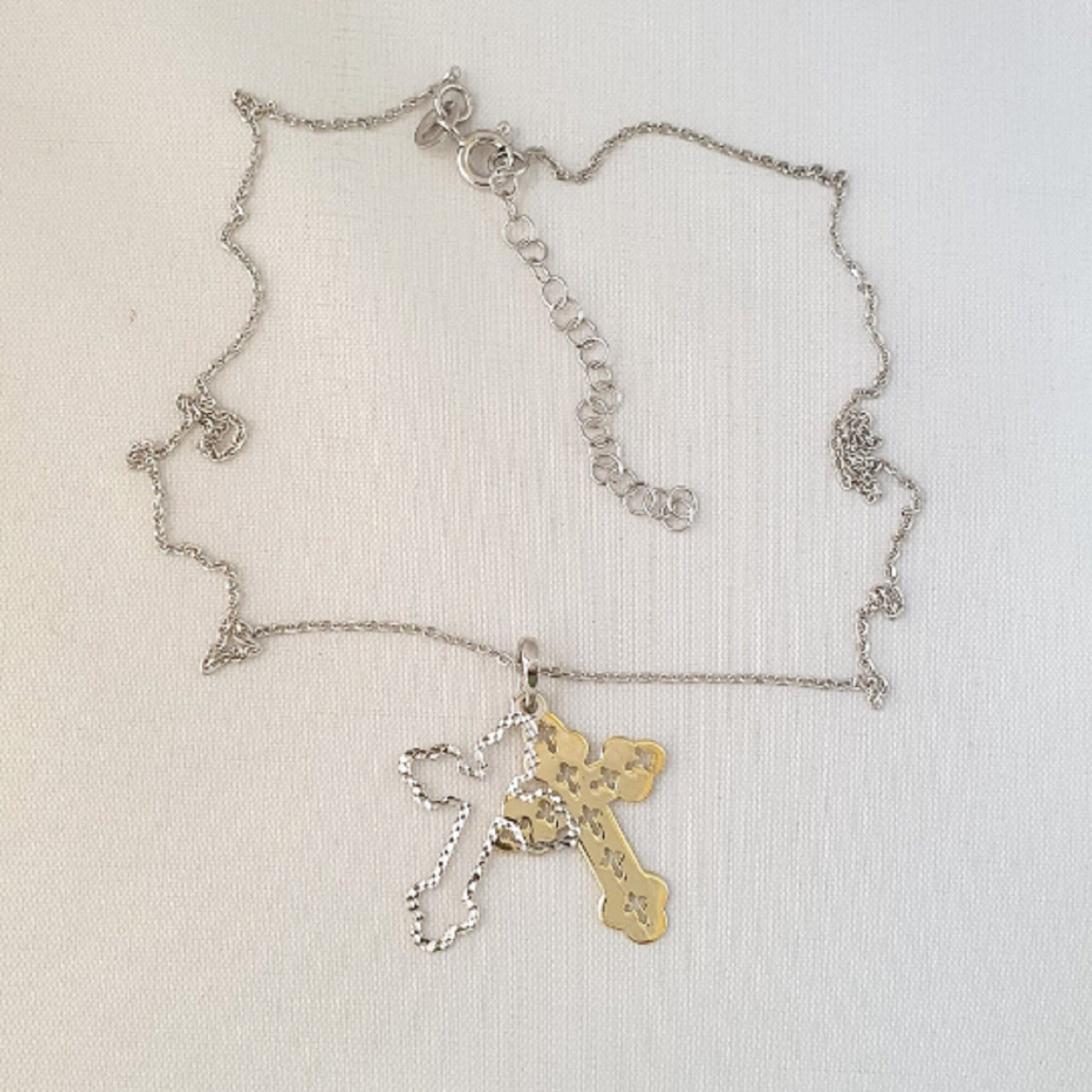 925 Sterling Silver Necklace w/ 2-Tone 2-Pieces Cross Pendant