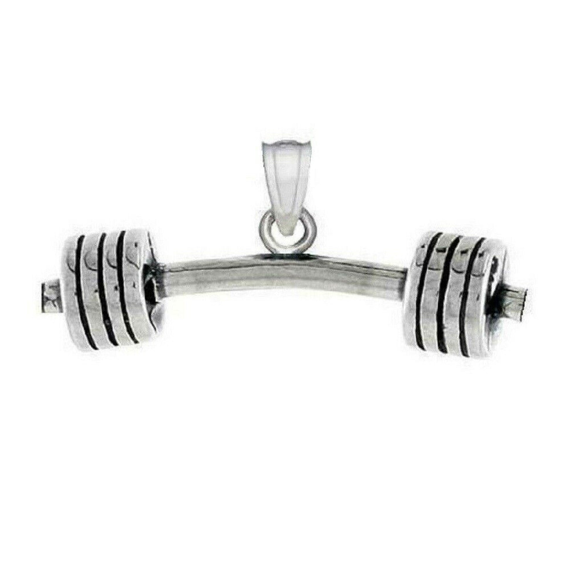 925 Sterling Silver Necklace w/ Barbell Dumbbell 3D Solid Pendant Charm