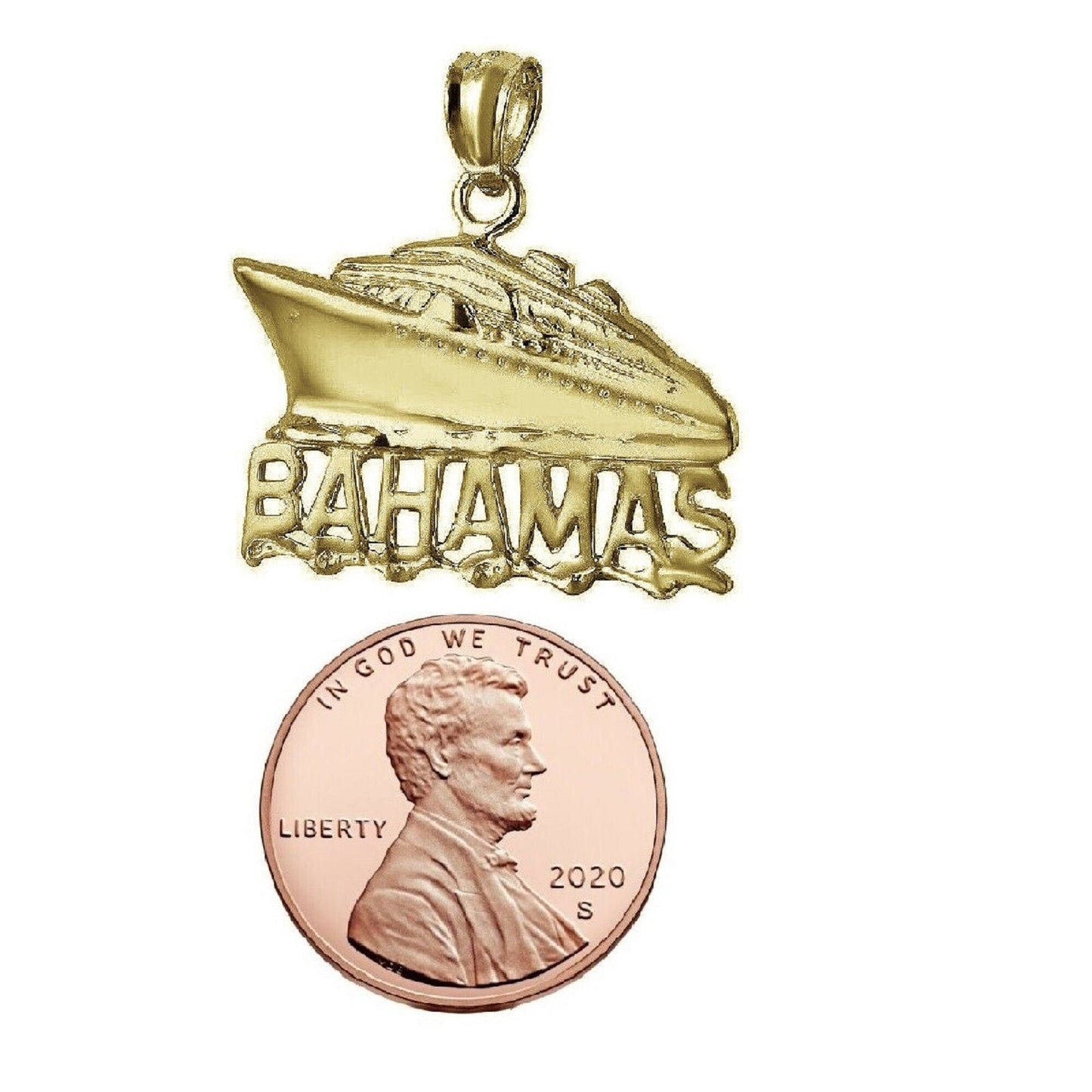 925 Sterling Silver Yellow Gold Plated 1mm Cable Chain Necklace w/ Bahamas Cruise Ship Pendant Charm