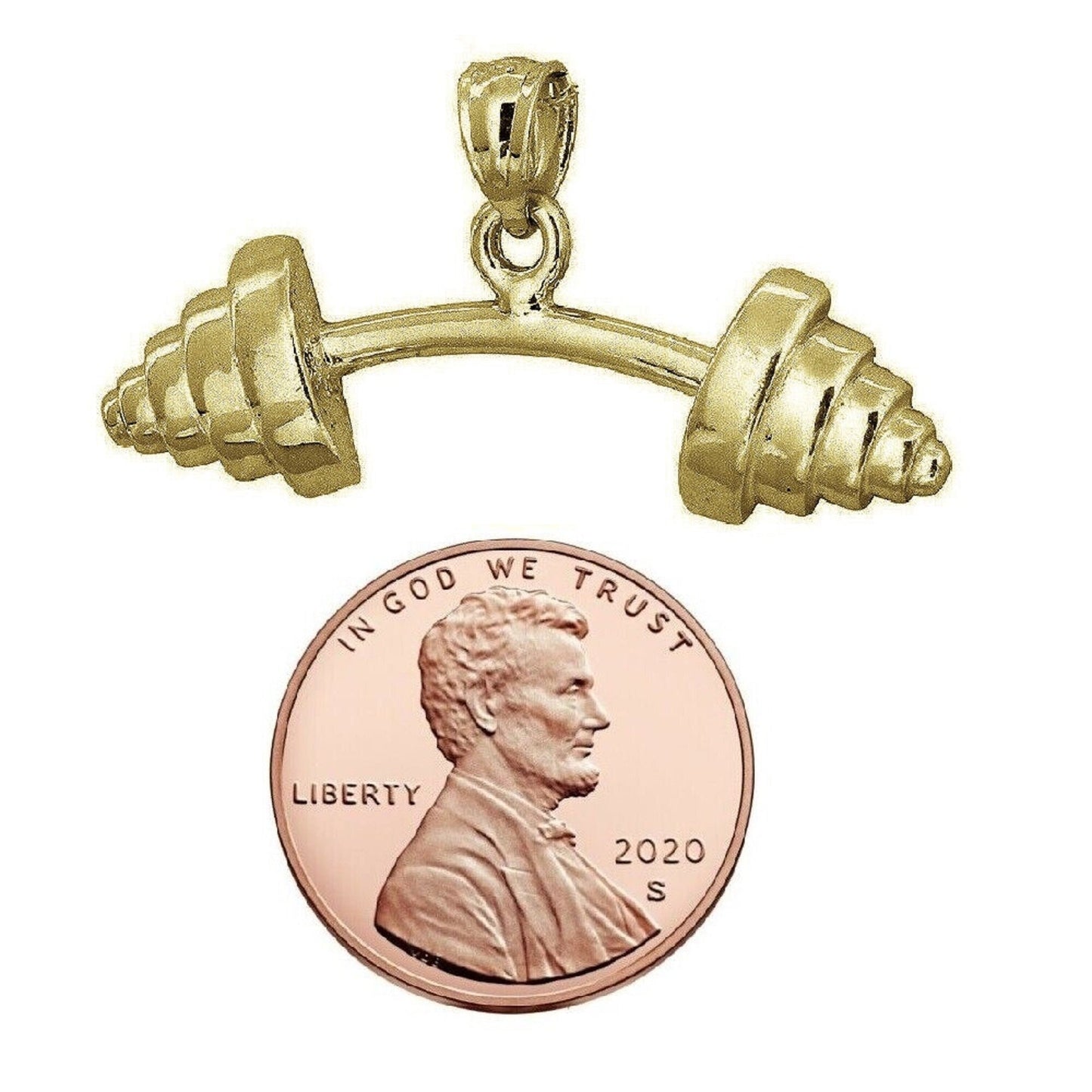 925 Sterling Silver Yellow Gold Plated 1mm Cable Chain Necklace w/ Barbell Dumbbell Pendant Charm