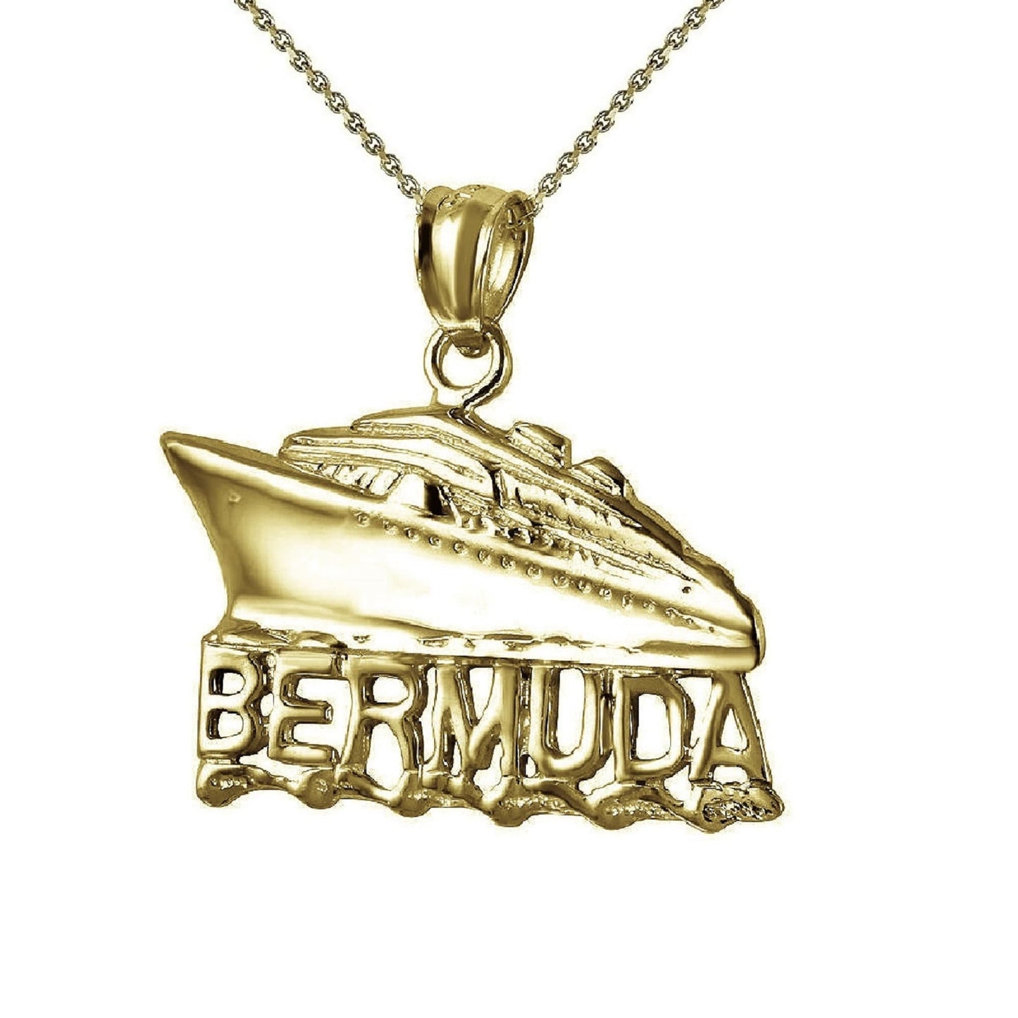 925 Sterling Silver Yellow Gold Plated 1mm Cable Chain Necklace w/ Bermuda Cruise Ship Pendant Charm