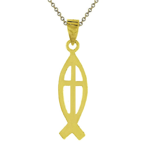 925 Sterling Silver Yellow Gold Plated 1mm Cable Chain Necklace w/ Christian Fish with Cross Pendant