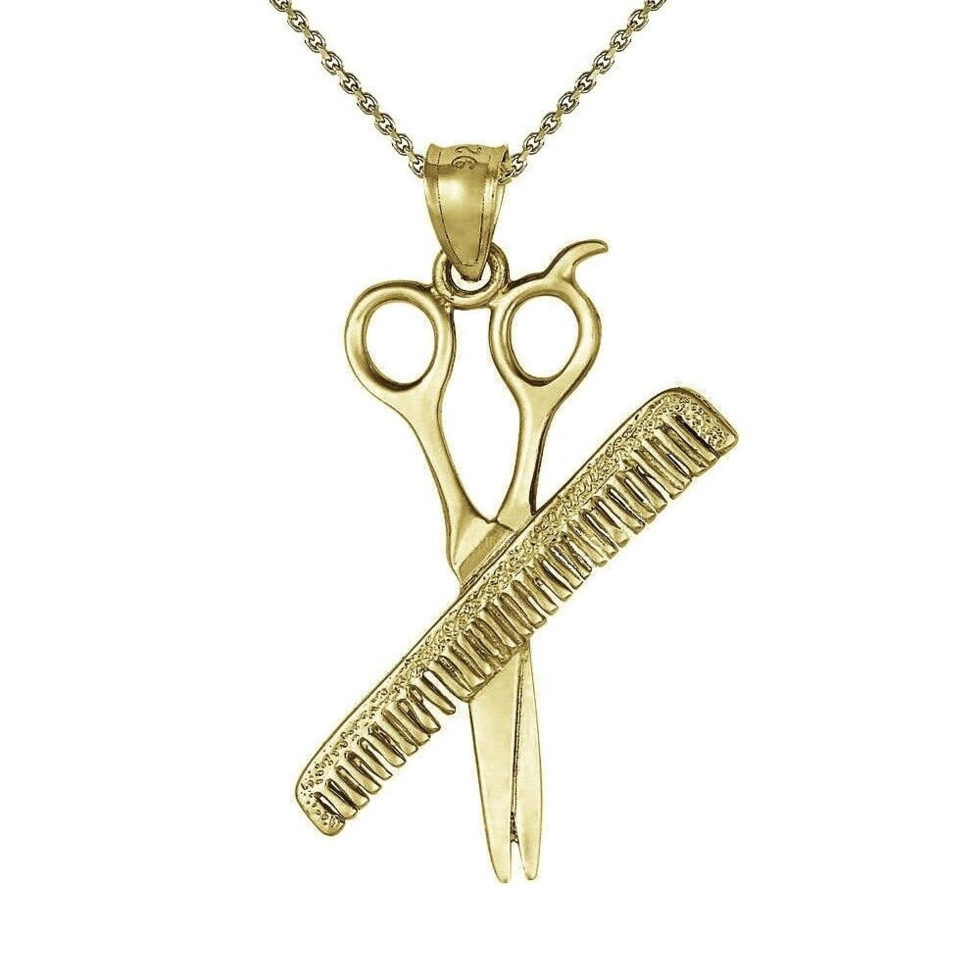 925 Sterling Silver Yellow Gold Plated 1mm Cable Chain Necklace w/ Comb & Scissors 3D Pendant Charm