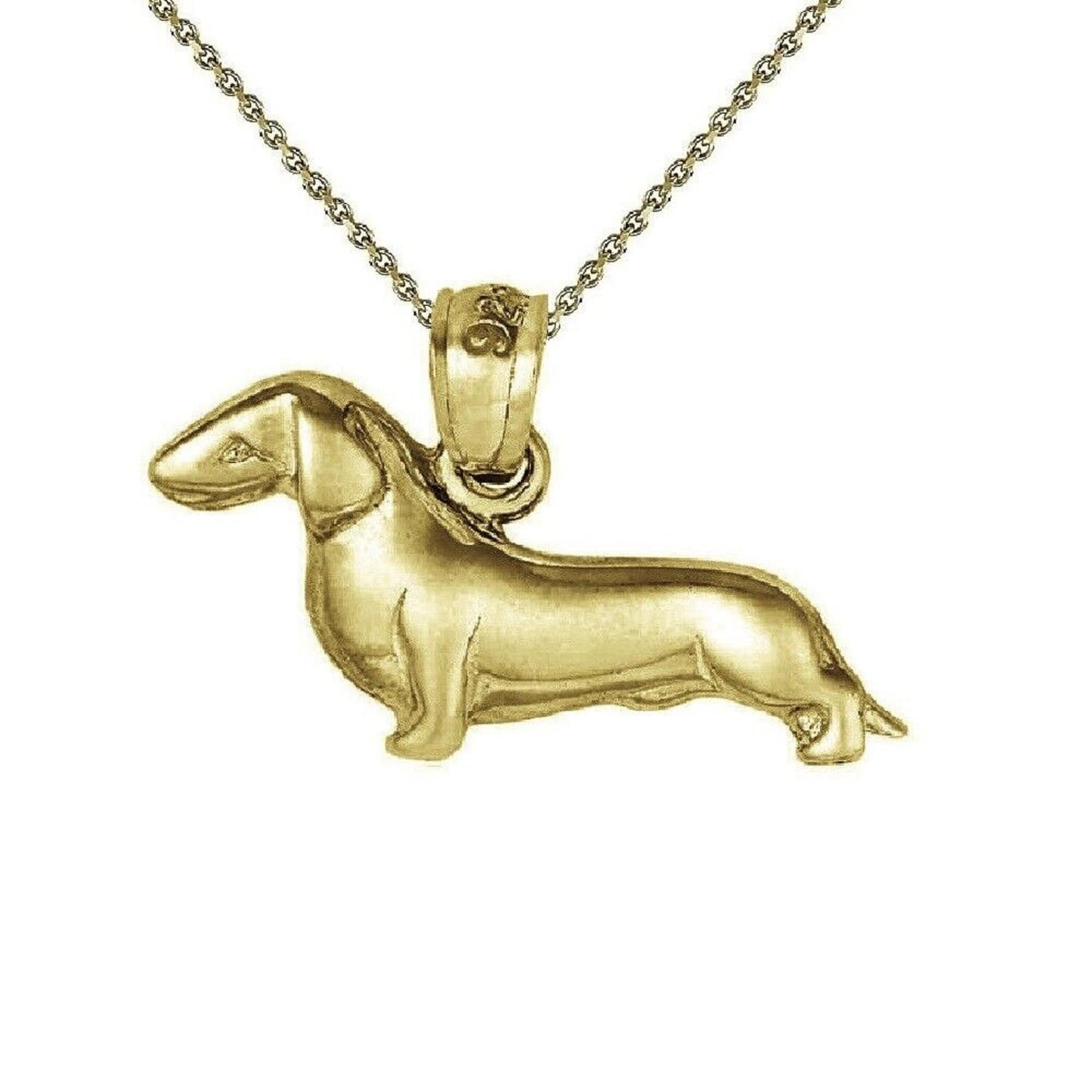 925 Sterling Silver Yellow Gold Plated 1mm Cable Chain Necklace w/ Dachshund Dog Pendant Charm