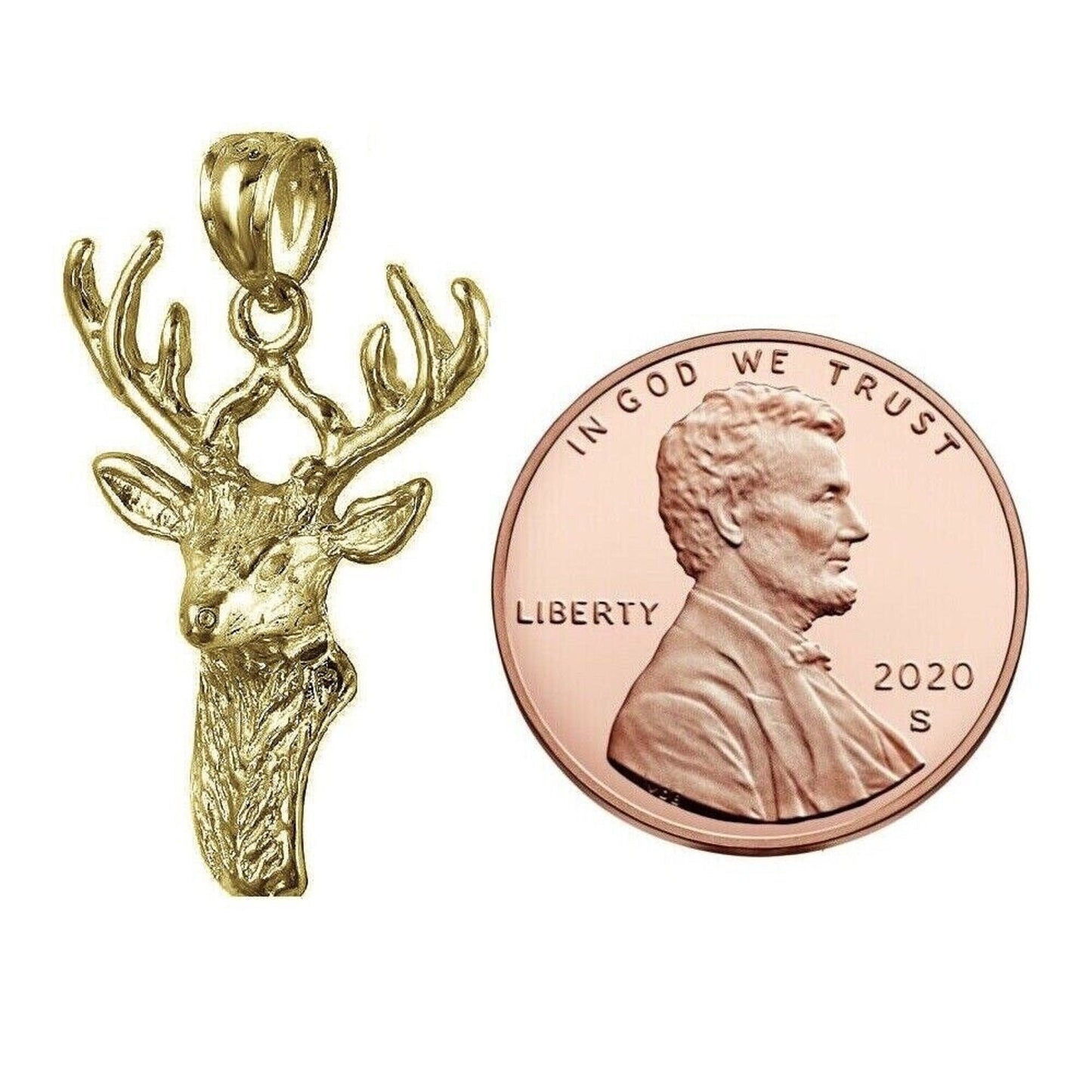 925 Sterling Silver Yellow Gold Plated 1mm Cable Chain Necklace w/ Deer Head Pendant Charm