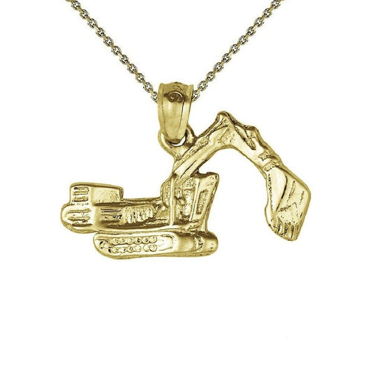 925 Sterling Silver Yellow Gold Plated 1mm Cable Chain Necklace w/ Excavator Bulldozer Pendant Charm