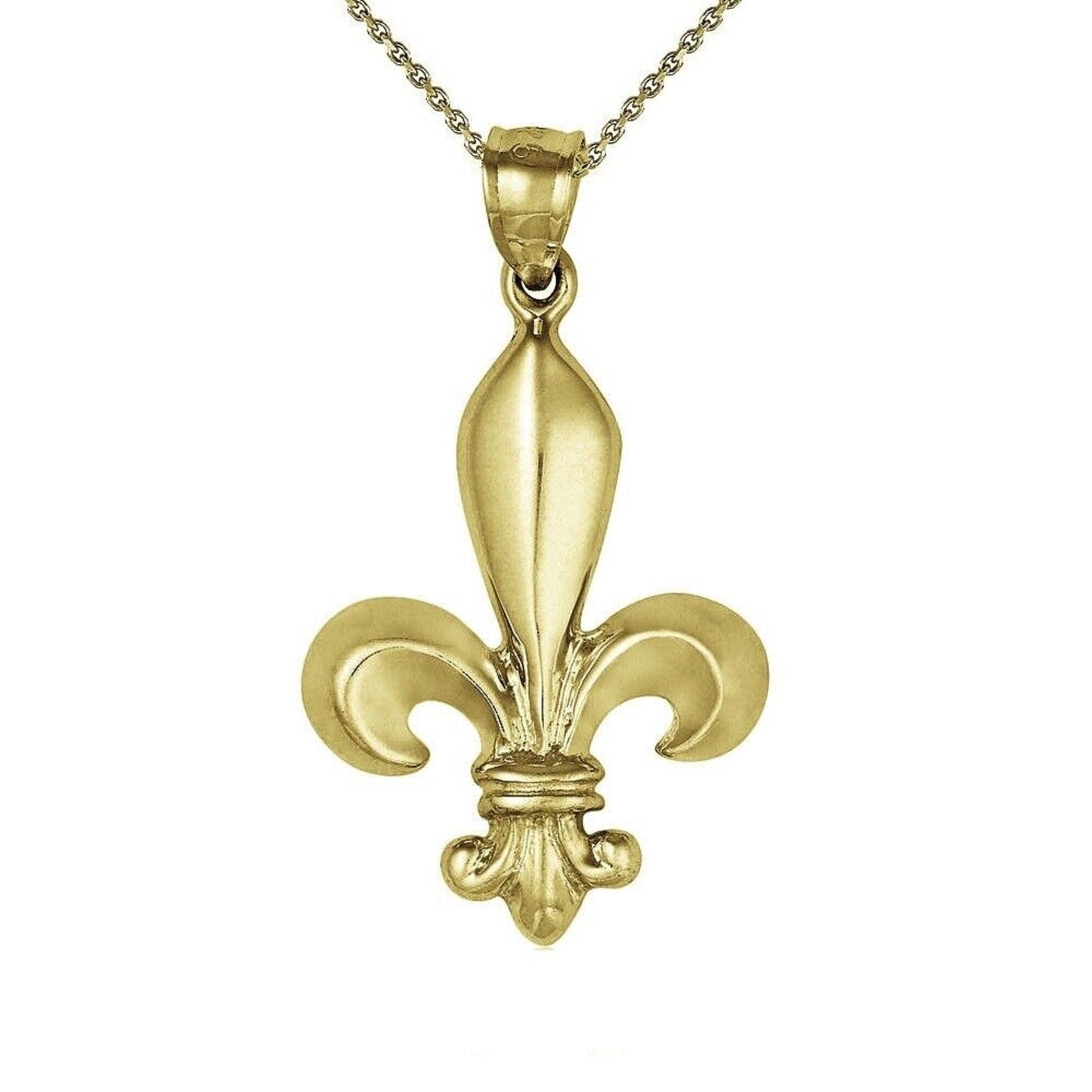 925 Sterling Silver Yellow Gold Plated 1mm Cable Chain Necklace w/ Fleur De Lis Large Pendant