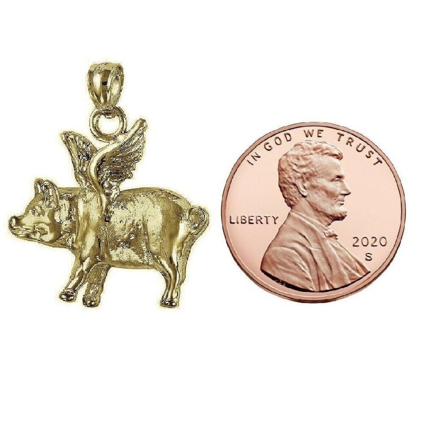 925 Sterling Silver Yellow Gold Plated 1mm Cable Chain Necklace w/ Flying Pig Pendant Charm