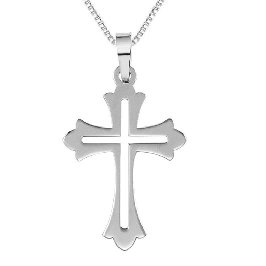 925 Sterling Silver Necklace w/ High Polished Cut-Out Cross Pendant Charm