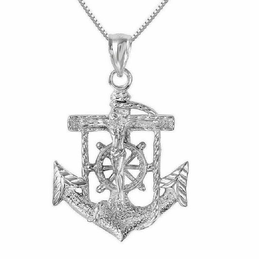 925 Sterling Silver Necklace w/ Mariners Anchor Crucifix Cross Pendant