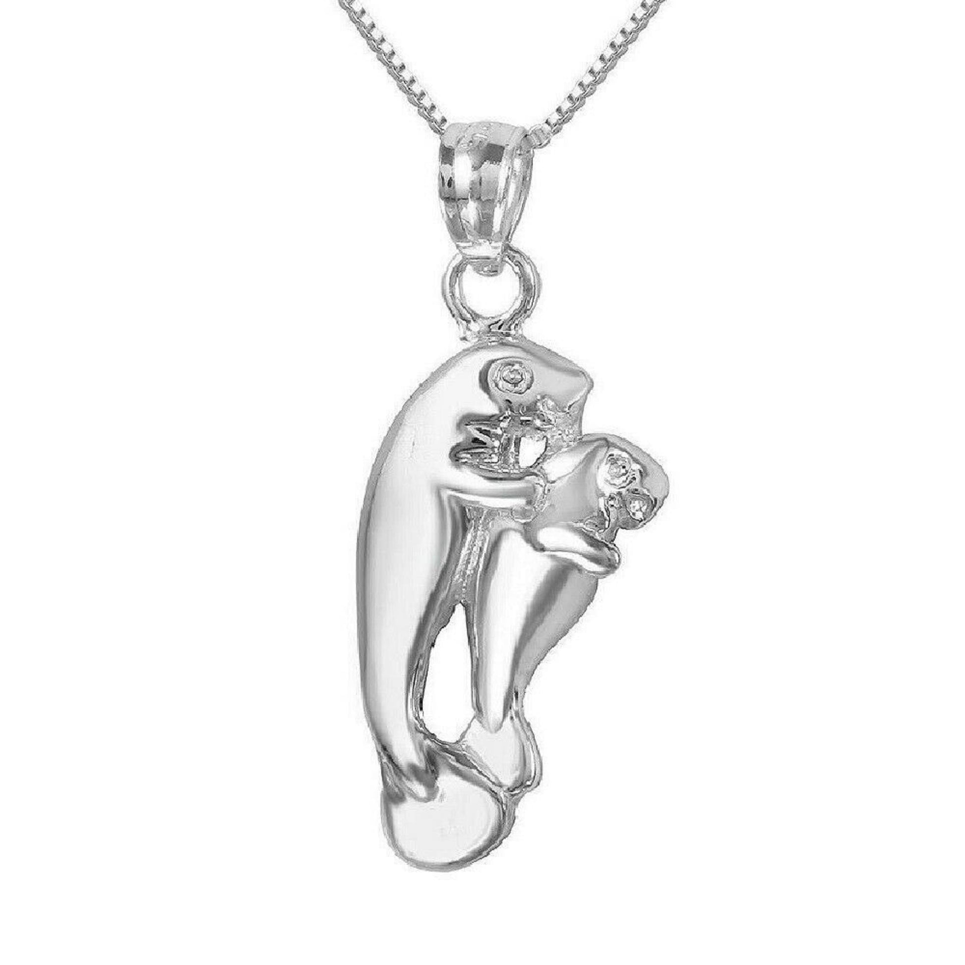 925 Sterling Silver Necklace w/ Mother & Baby Manatee Pendant Charm