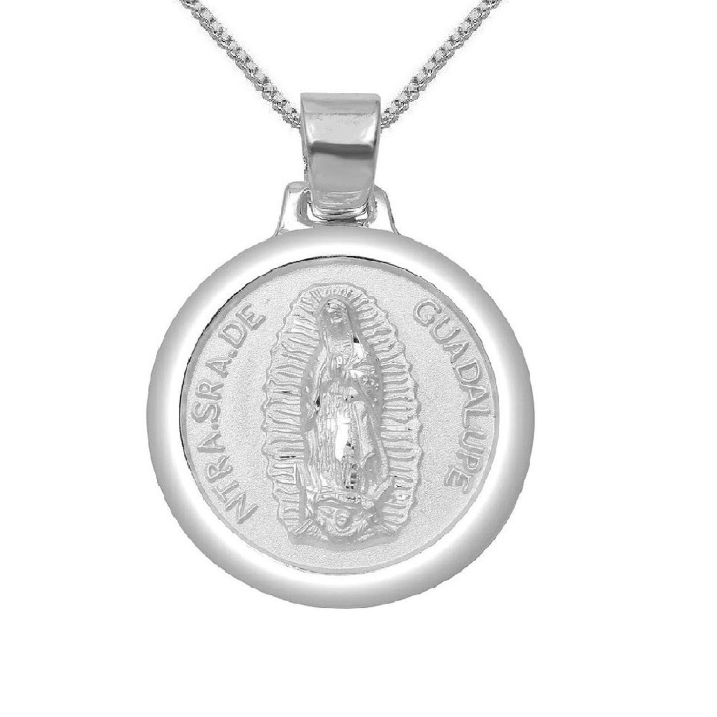 925 Sterling Silver Necklace w/ Our Lady of Guadalupe Round-Shaped Pendant Charm