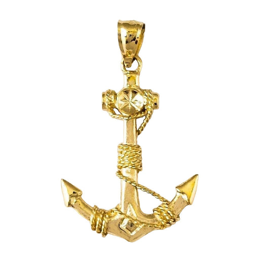 14K Yellow Gold Anchor with Rope 3D (3 Dimensional) Solid Pendant