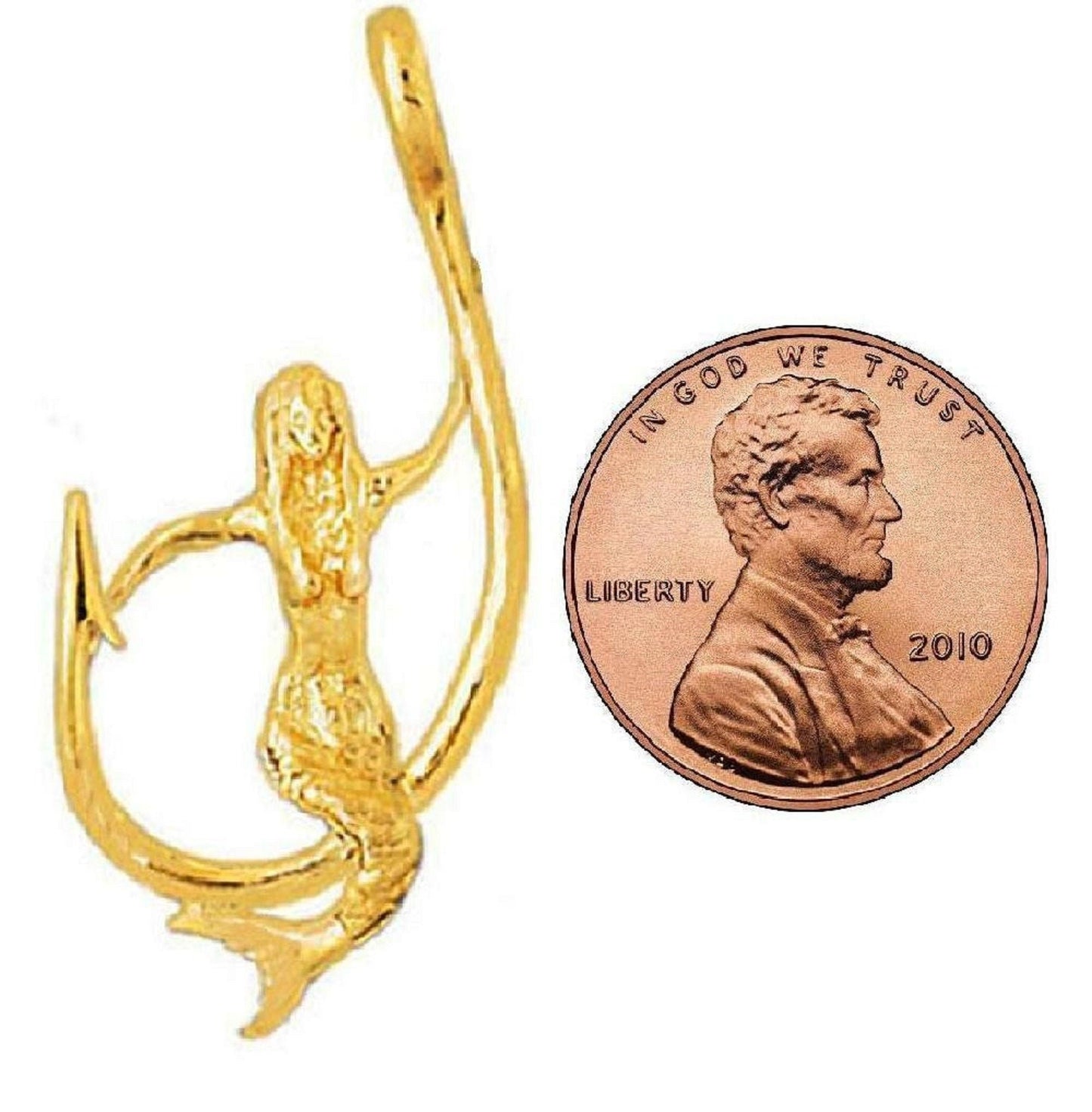 14K Yellow Gold Mermaid with Fish Hook Pendant