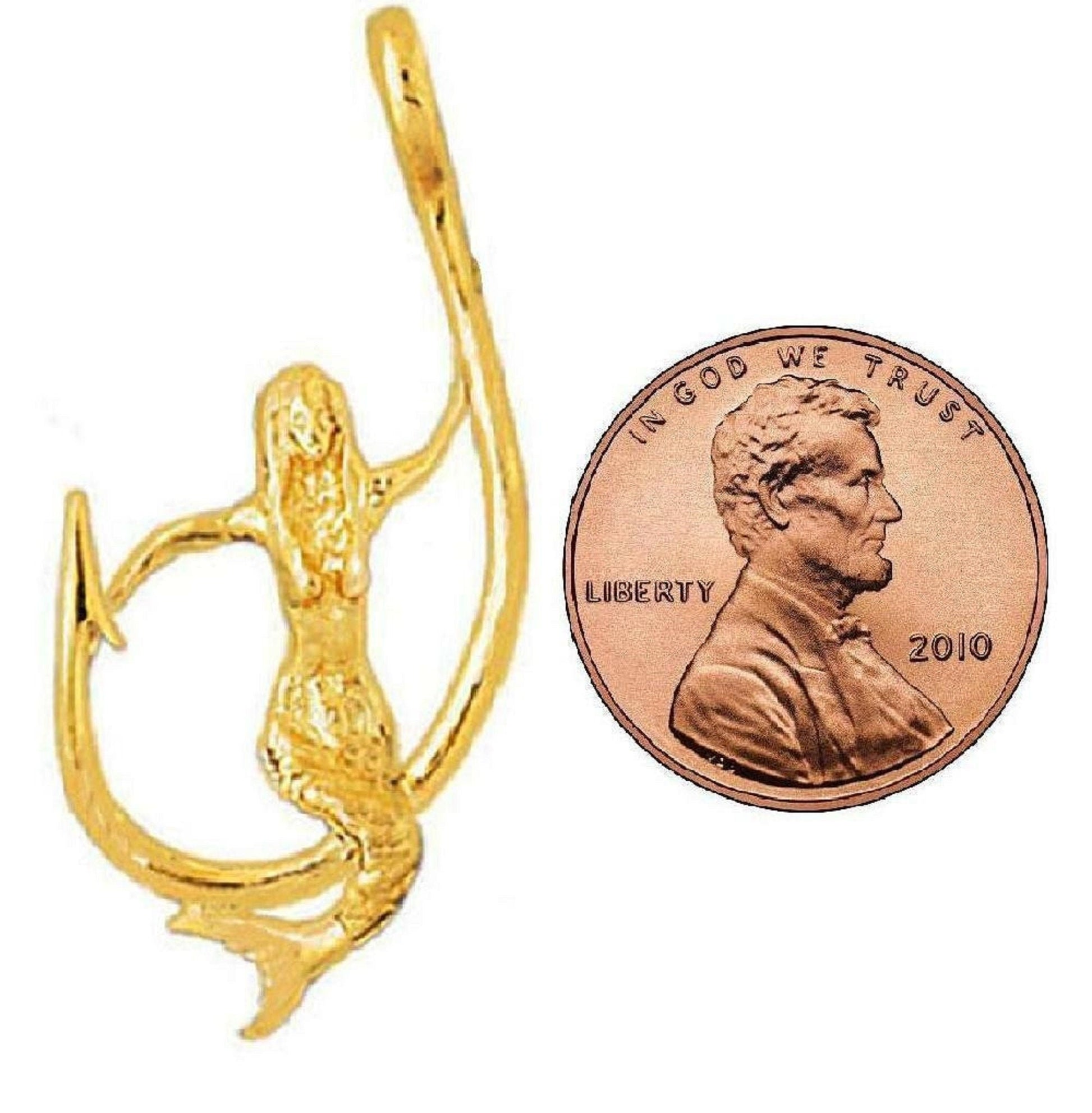 14K Yellow Gold Mermaid with Fish Hook Pendant