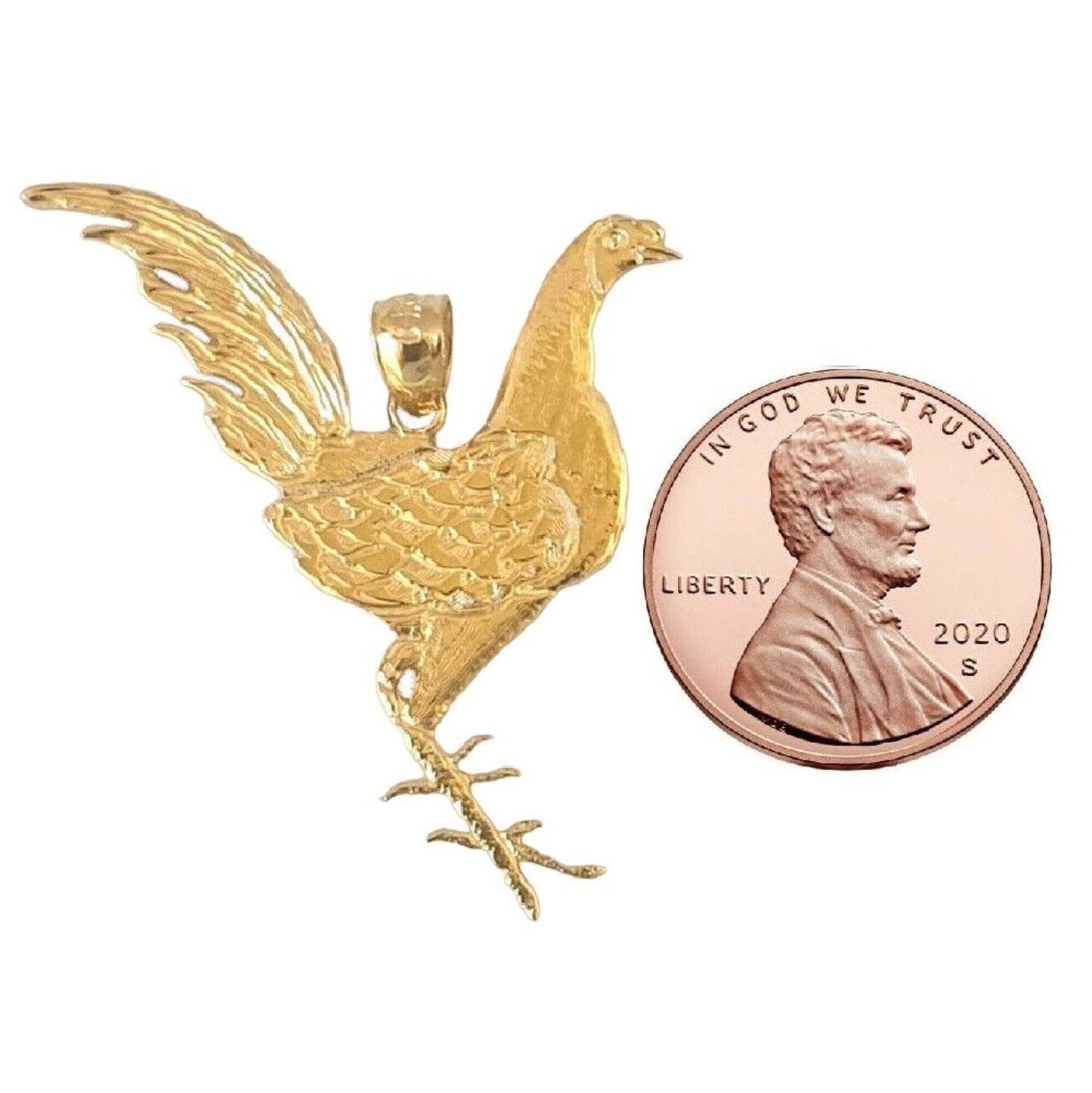 14K Yellow Gold Rooster Chicken Fowl Large Pendant