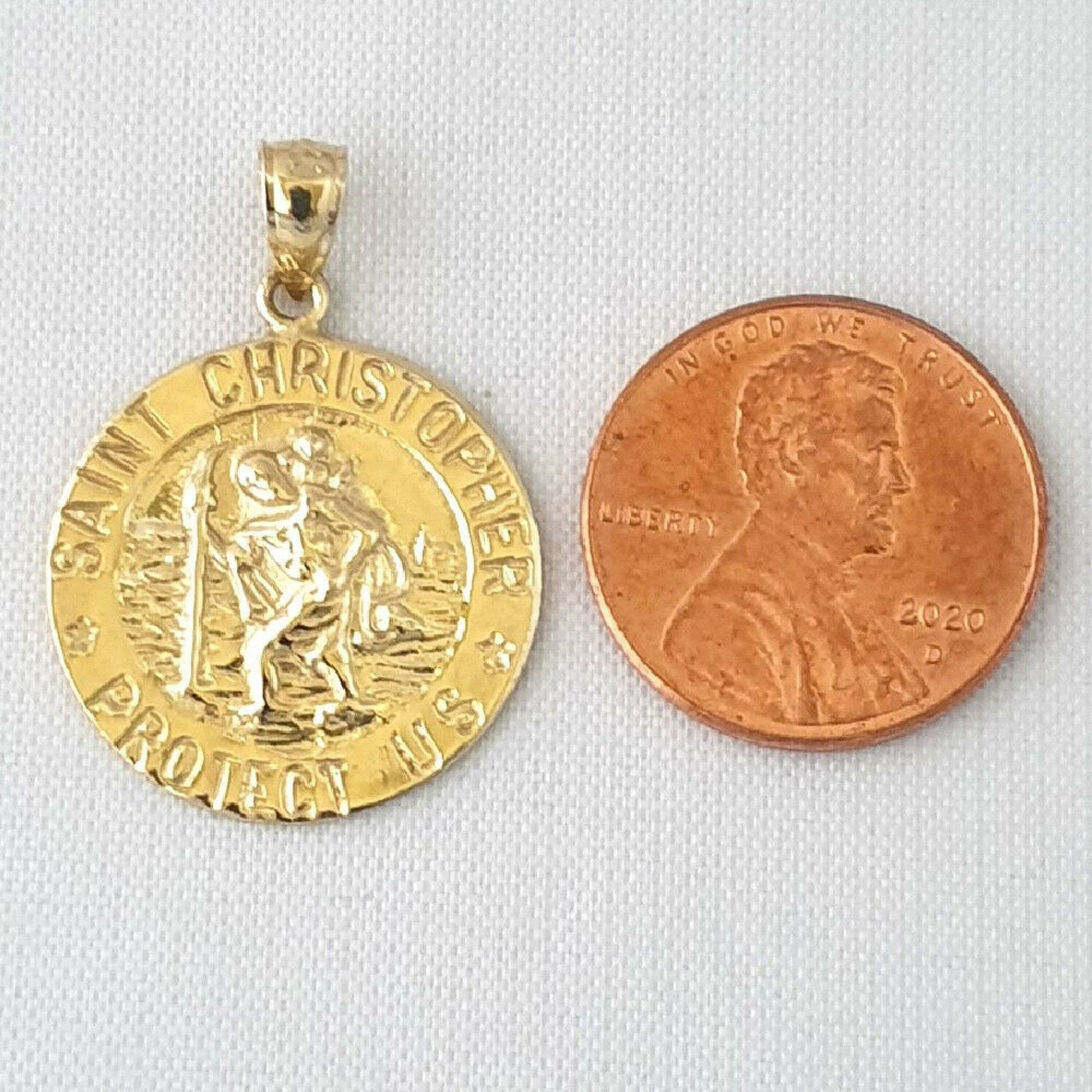 14K Yellow Gold Saint Christopher Protect Us Pendant