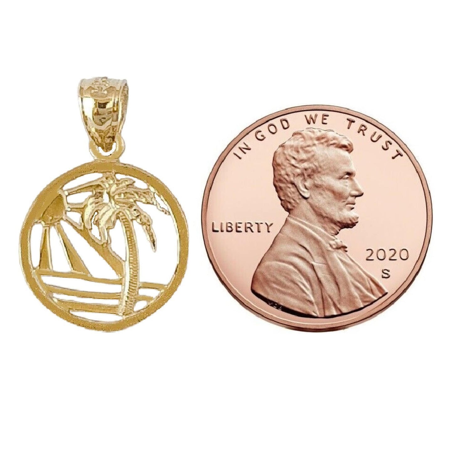 14K Yellow Gold Sunset Beach Scene Palm Tree Pendant