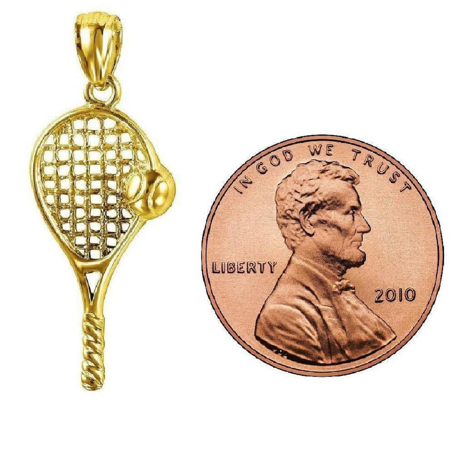 14K Yellow Gold Tennis Racket, Racquet w/ Ball Pendant