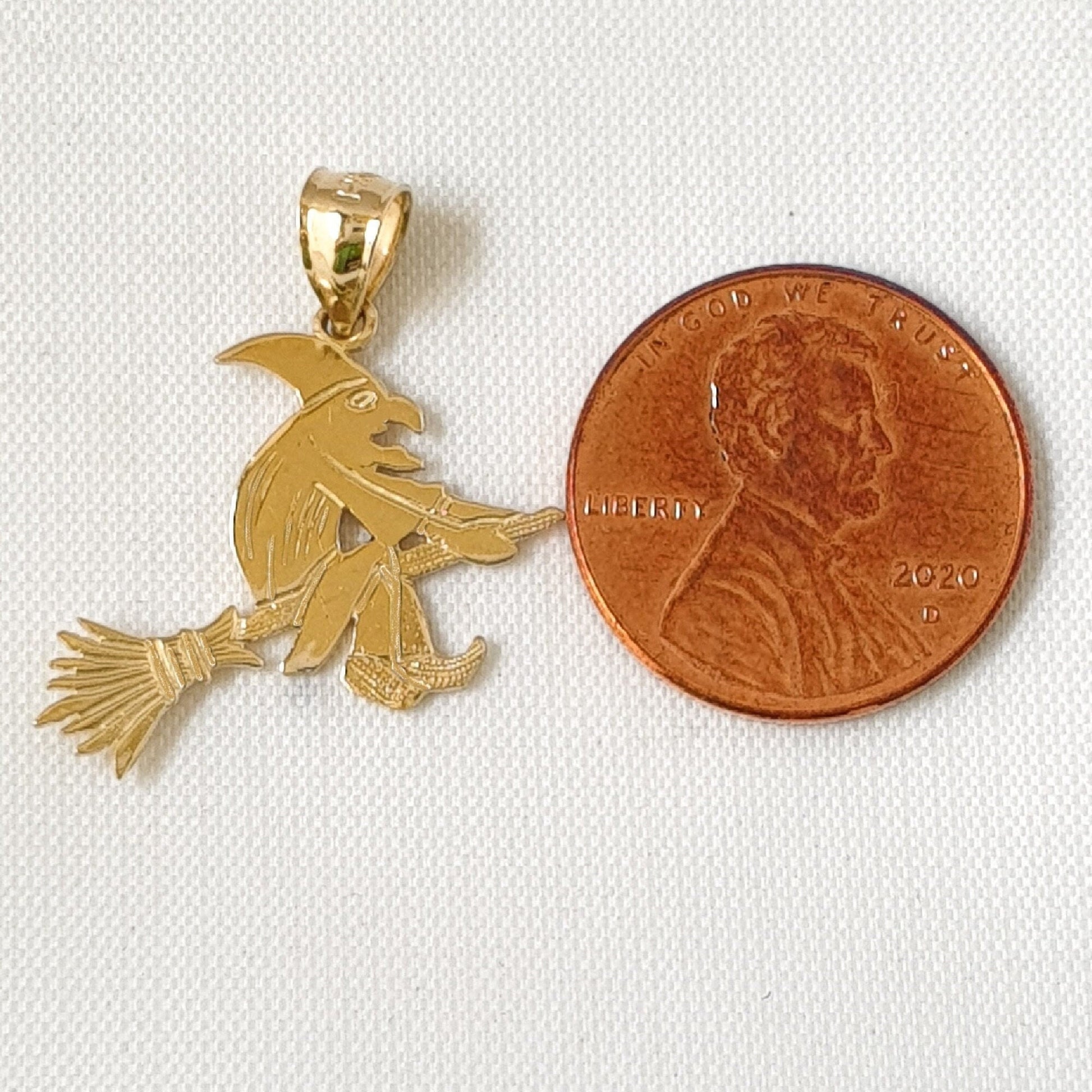14K Yellow Gold Witch on Broom Pendant