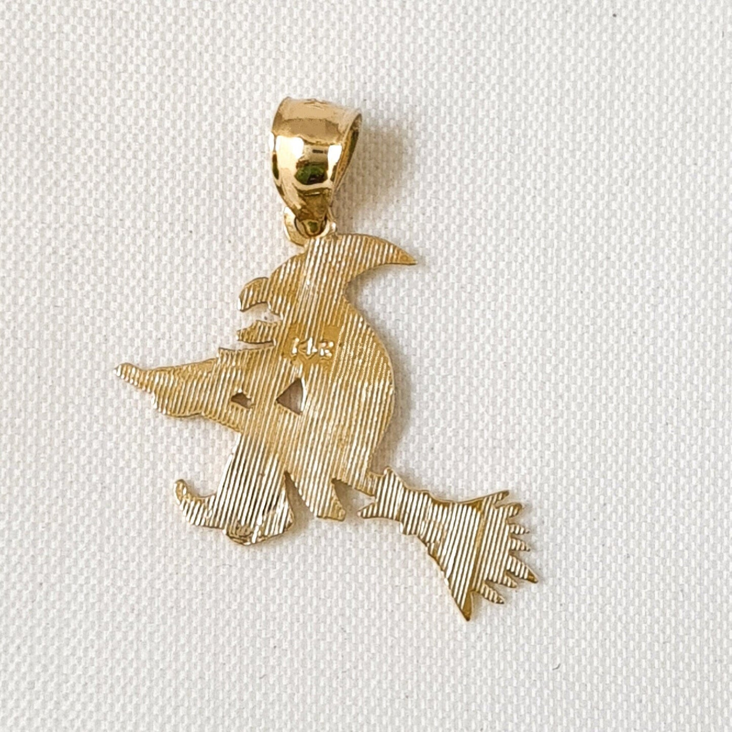 14K Yellow Gold Witch on Broom Pendant