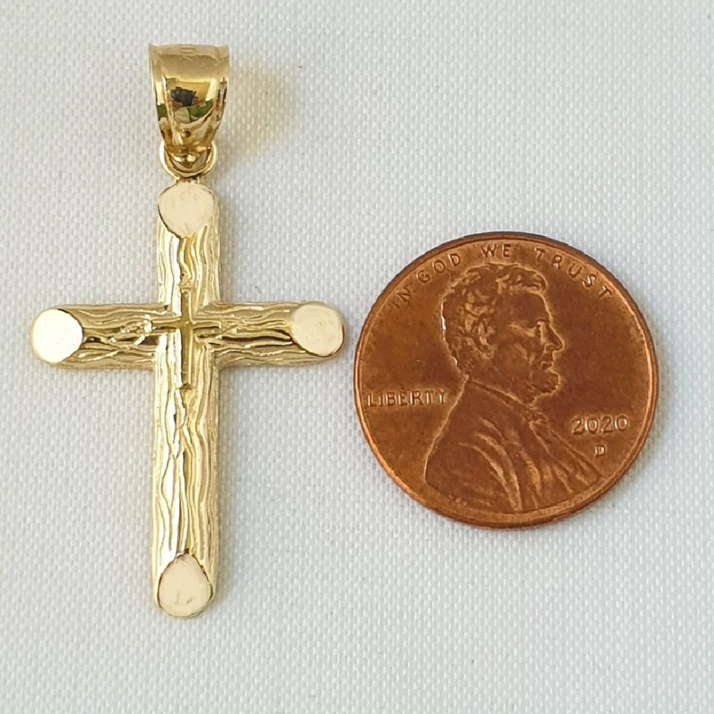 14k Yellow Gold Wooden Style Cross Pendant