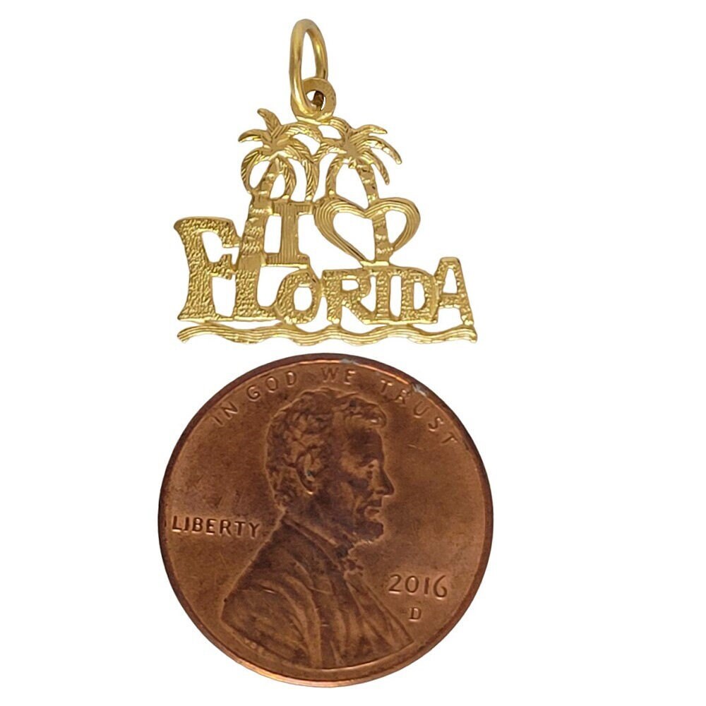 14k Yellow Gold I Love Florida Palm Trees Charm / Pendant